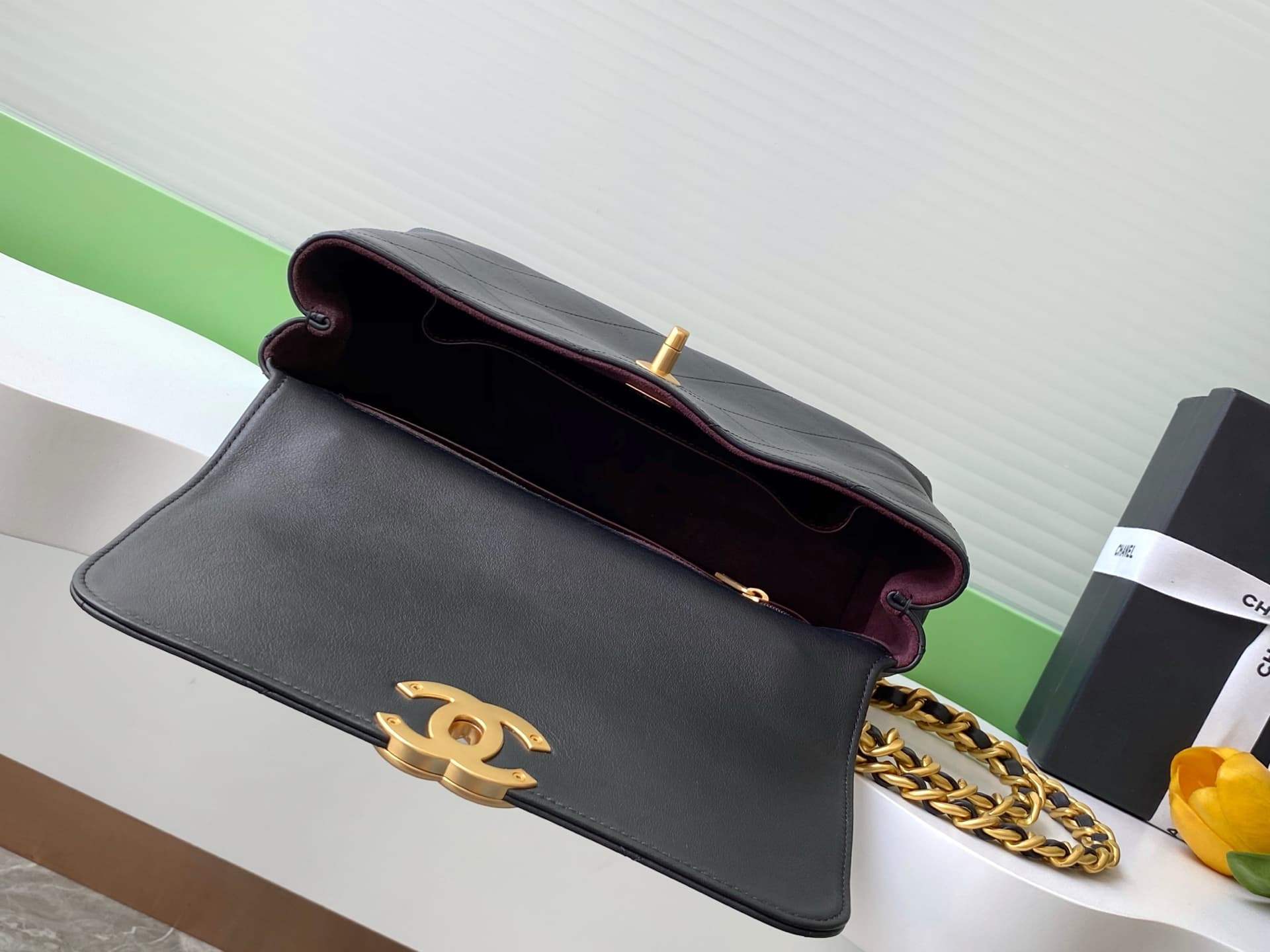LARGE FLAP BAG WITH TOP HANDLE Calfskin & Gold-Tone Metal Black AS5467 A