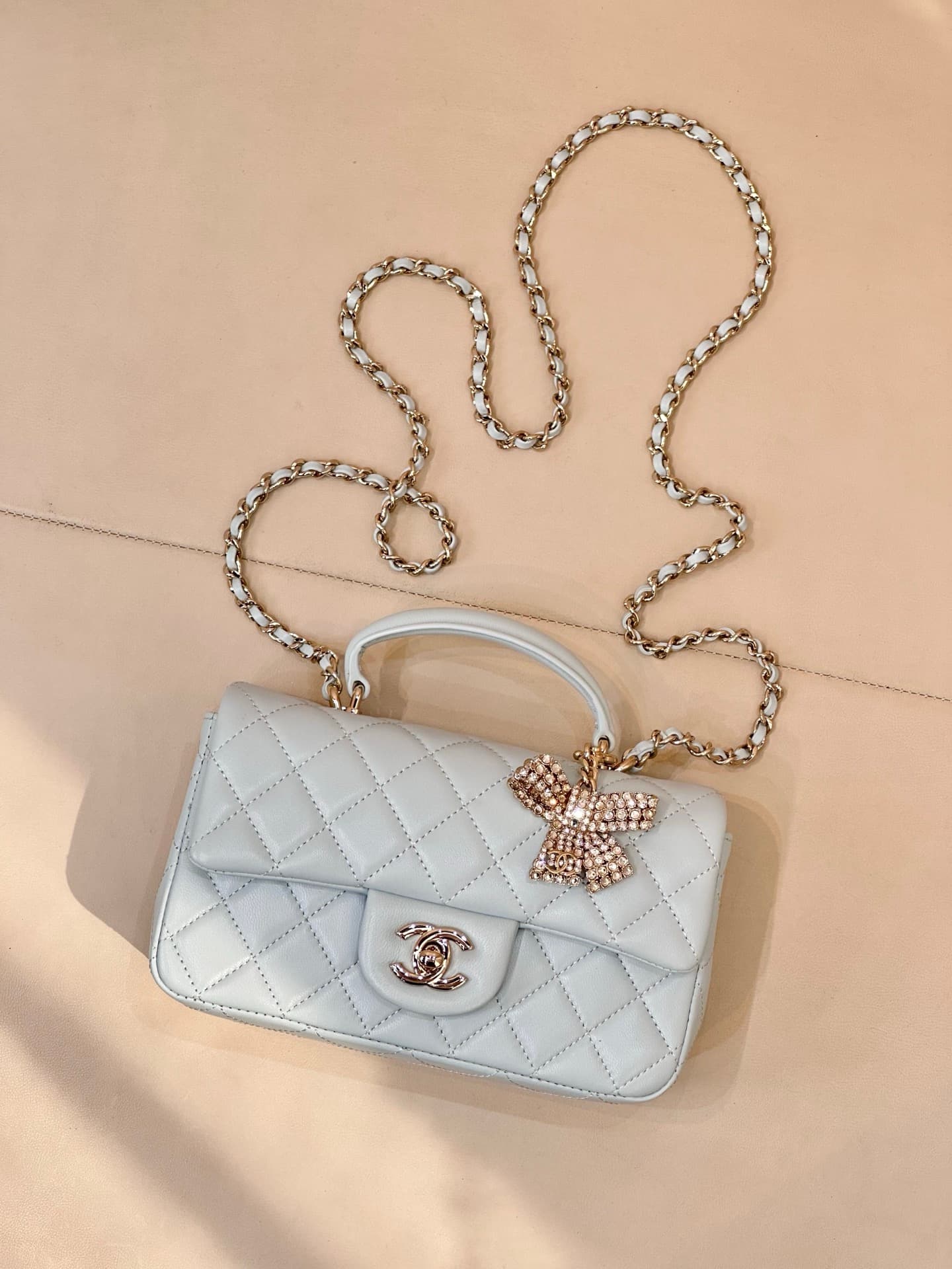 Chanel Mini Classic Handbag Lambskin Strass & Gold-Tone Metal AS2431 light blue TOP