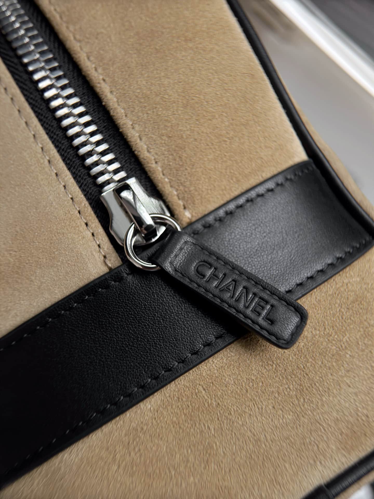 Chanel Large Zipped Pouch Suede Calfskin & Silver-Tone Metal AP5267 Beige A