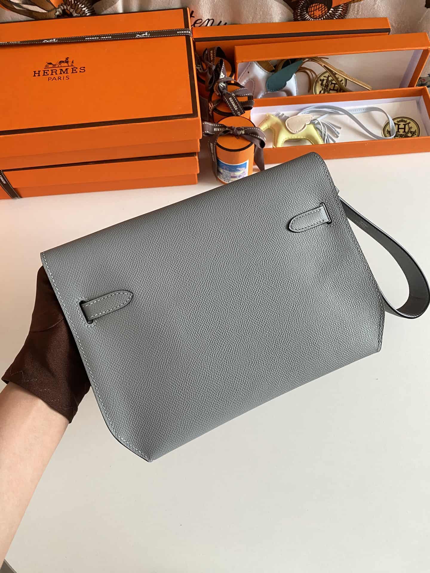Hermes Kelly Depeches 25 Pouch Epsom Leather Blue Lin WAX High