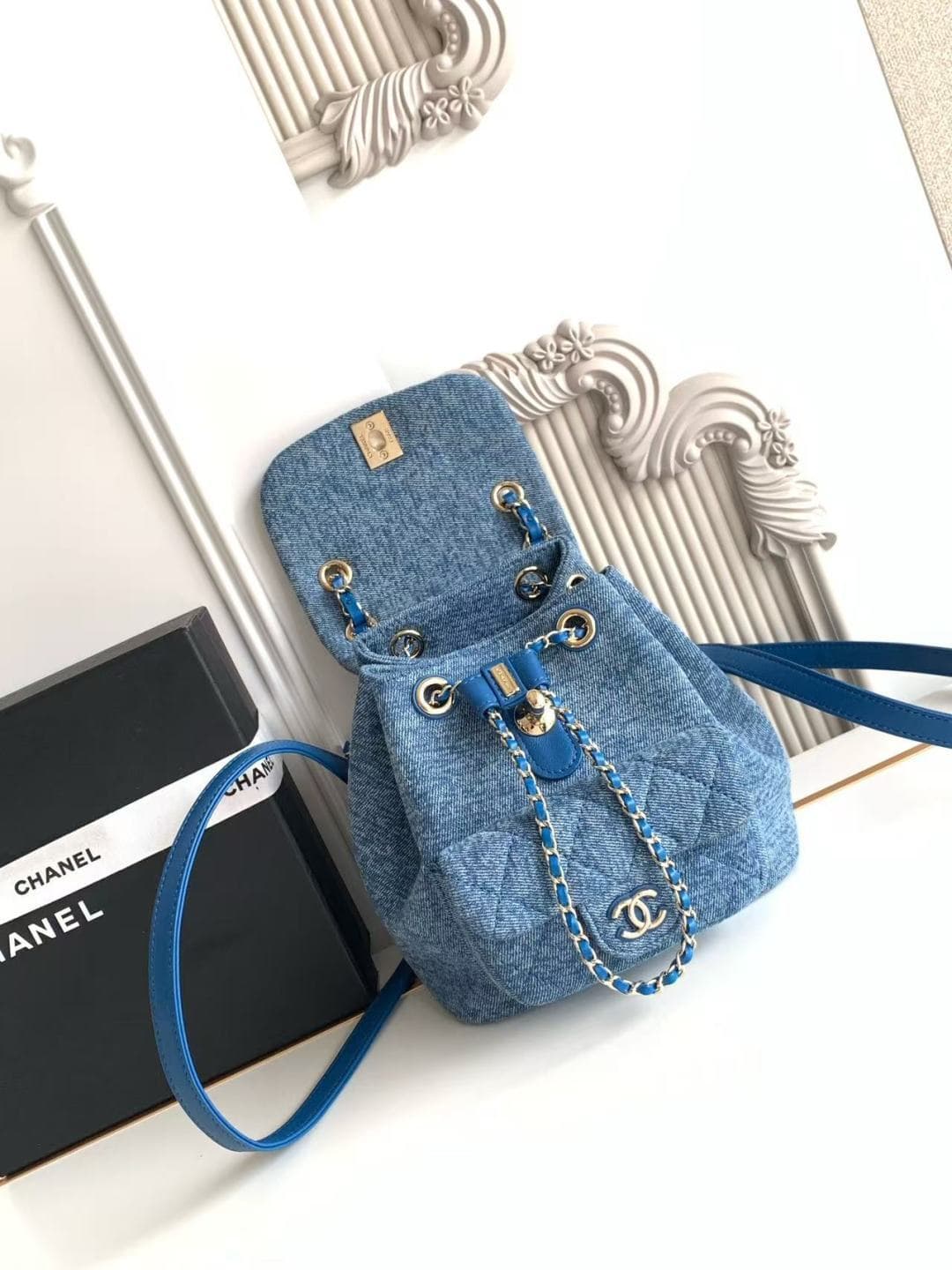 Chanel Small Backpack Washed Denim & Gold-Tone Metal Blue AS2908 A