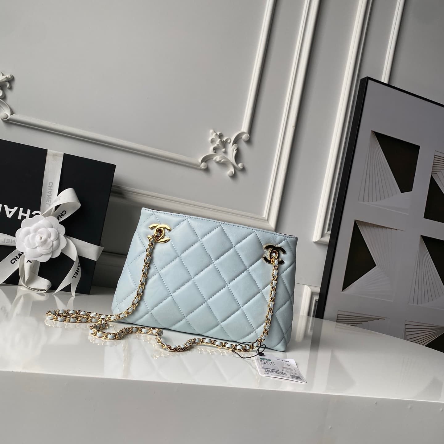 Chanel Small Shopping Bag Lambskin & Gold-Tone Metal AS6248 Light Blue High