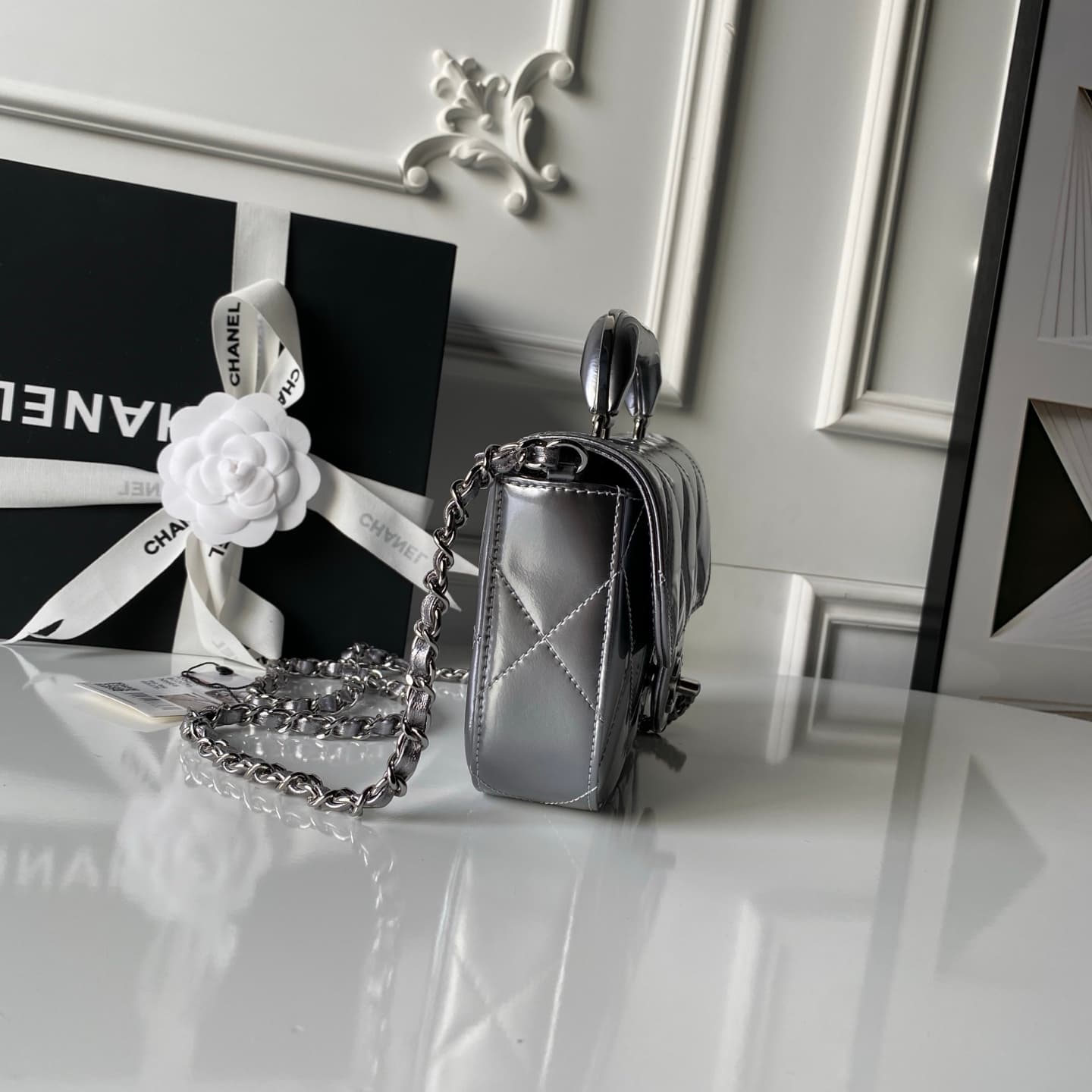 Chanel Mini Flap Bag with Top Handle Calfskin& Silver-tone Metal Silver AS5805 A