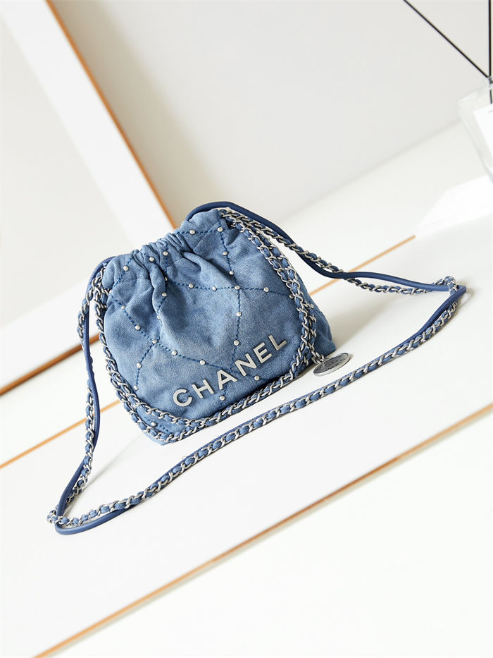 Chanel 22 MINI HANDBAG Washed Denim & Silver-Tone Metal Blue AS3980 A