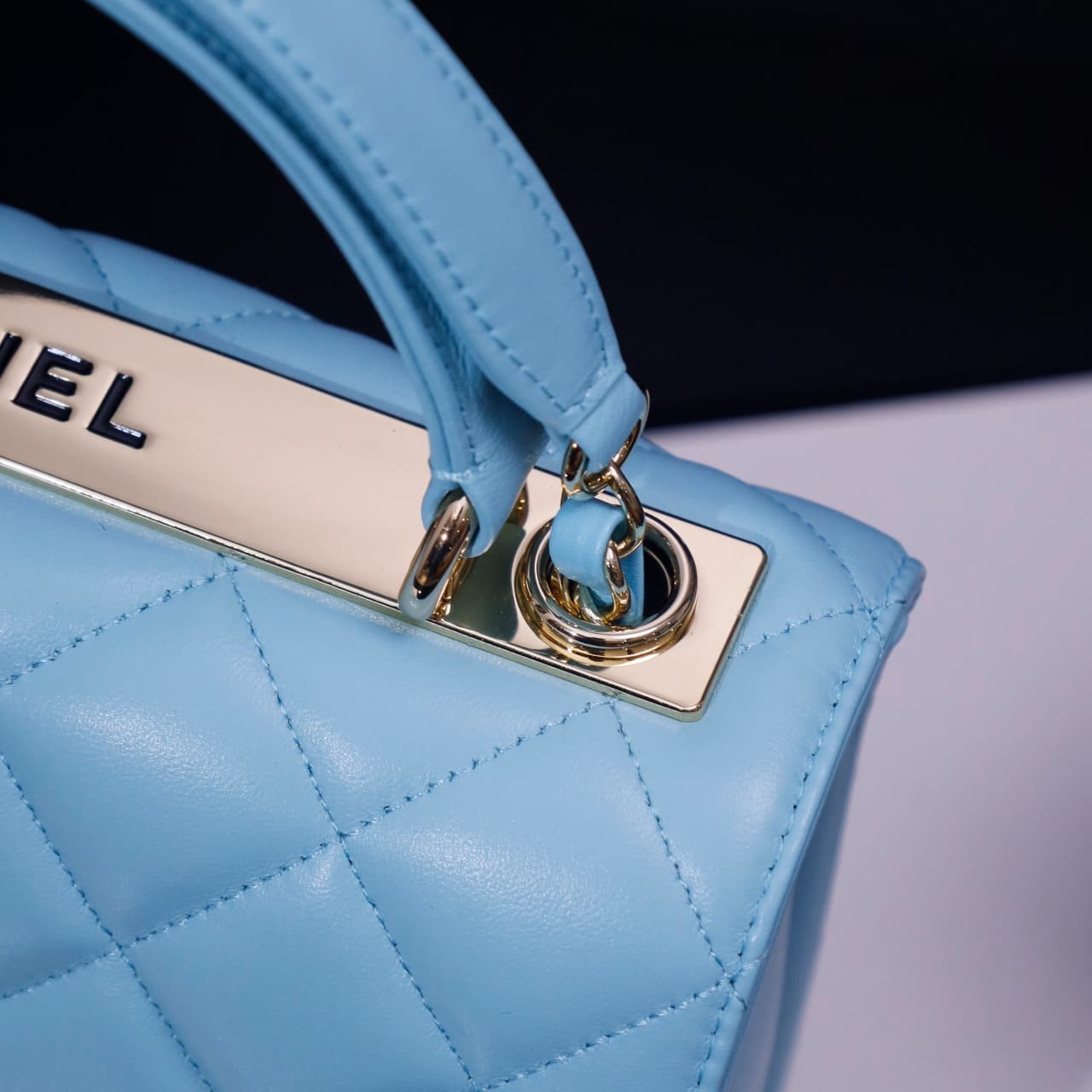 SMALL FLAP BAG WITH TOP HANDLE Lambskin Gold Metal Sky Blue A