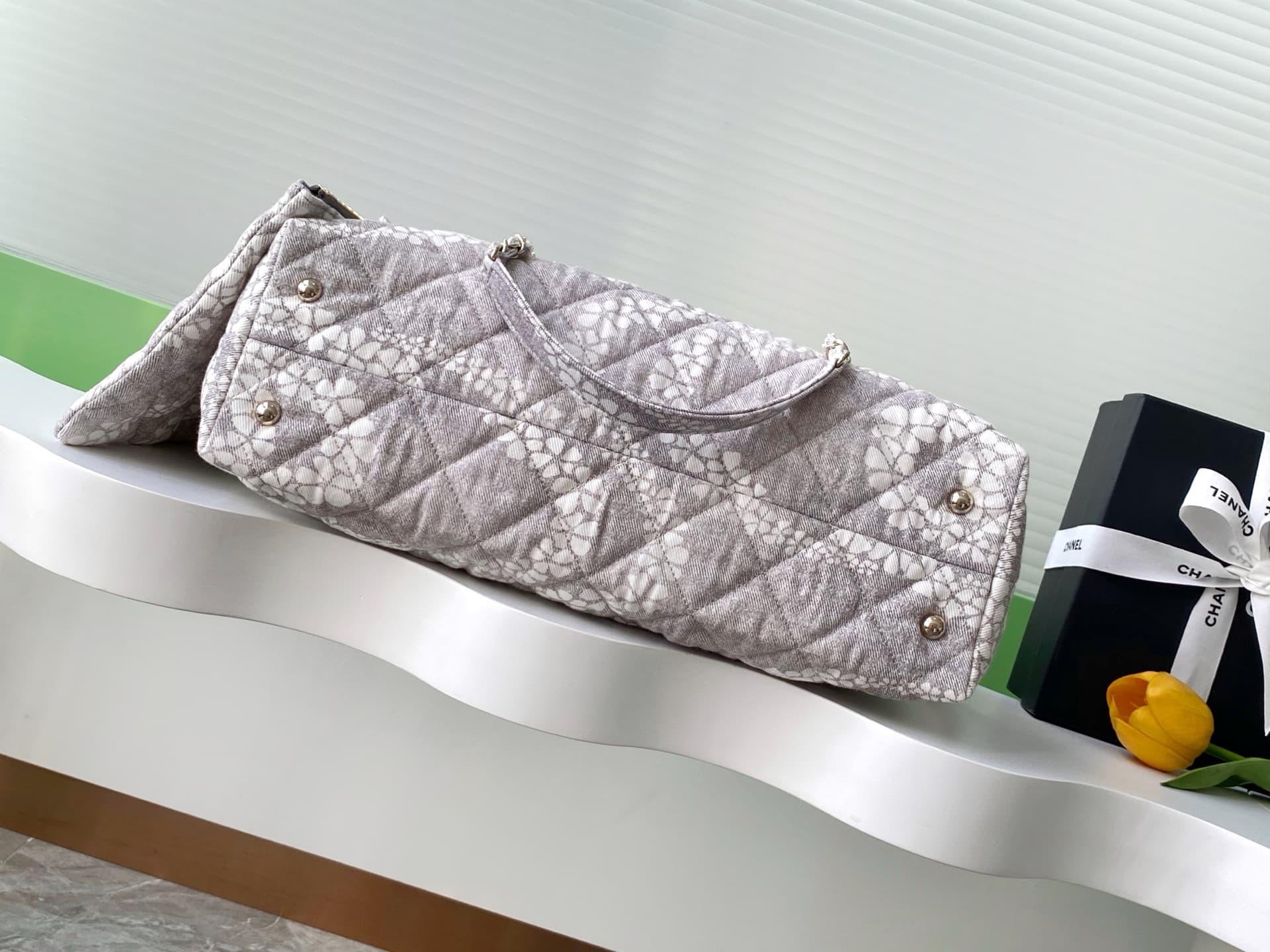 Chanel Beach Hobo Handbag Printed Cotton & Gold-Tone Metal AS5429 White and Grey A