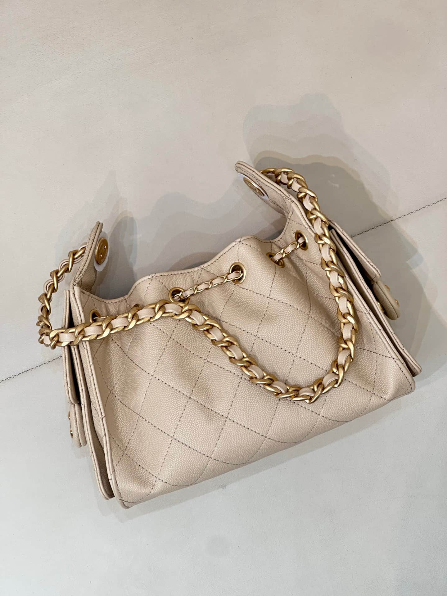 CHANEL 25 Mini Handbag AS5631 Grained Calfskin & Gold-tone Metal Beige TOP