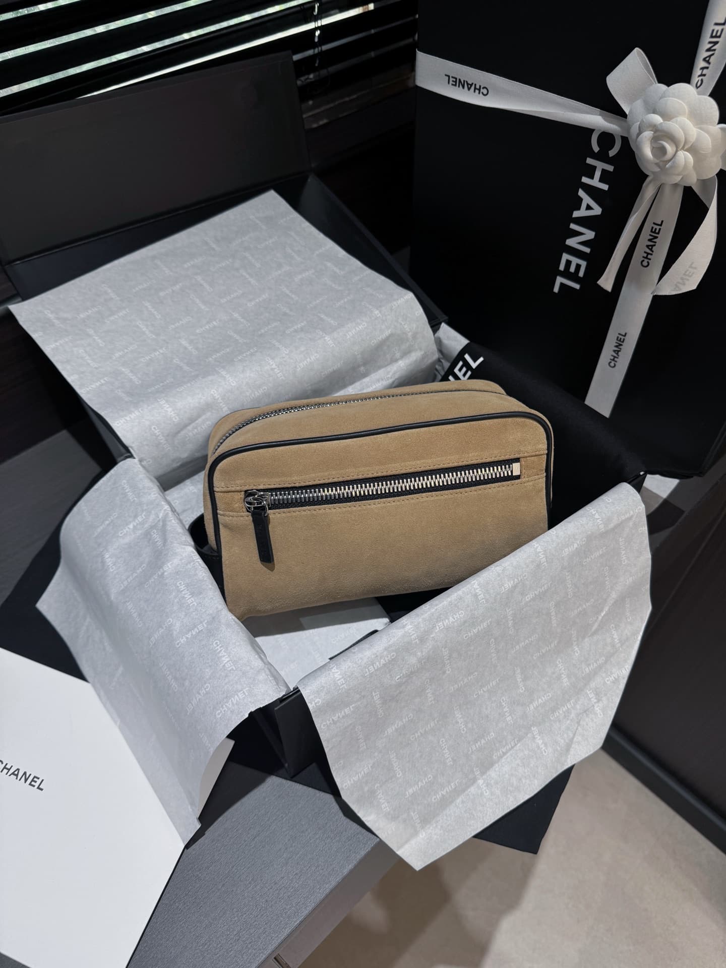 Chanel Small Zipped Pouch Suede Calfskin Beige AP5266 A