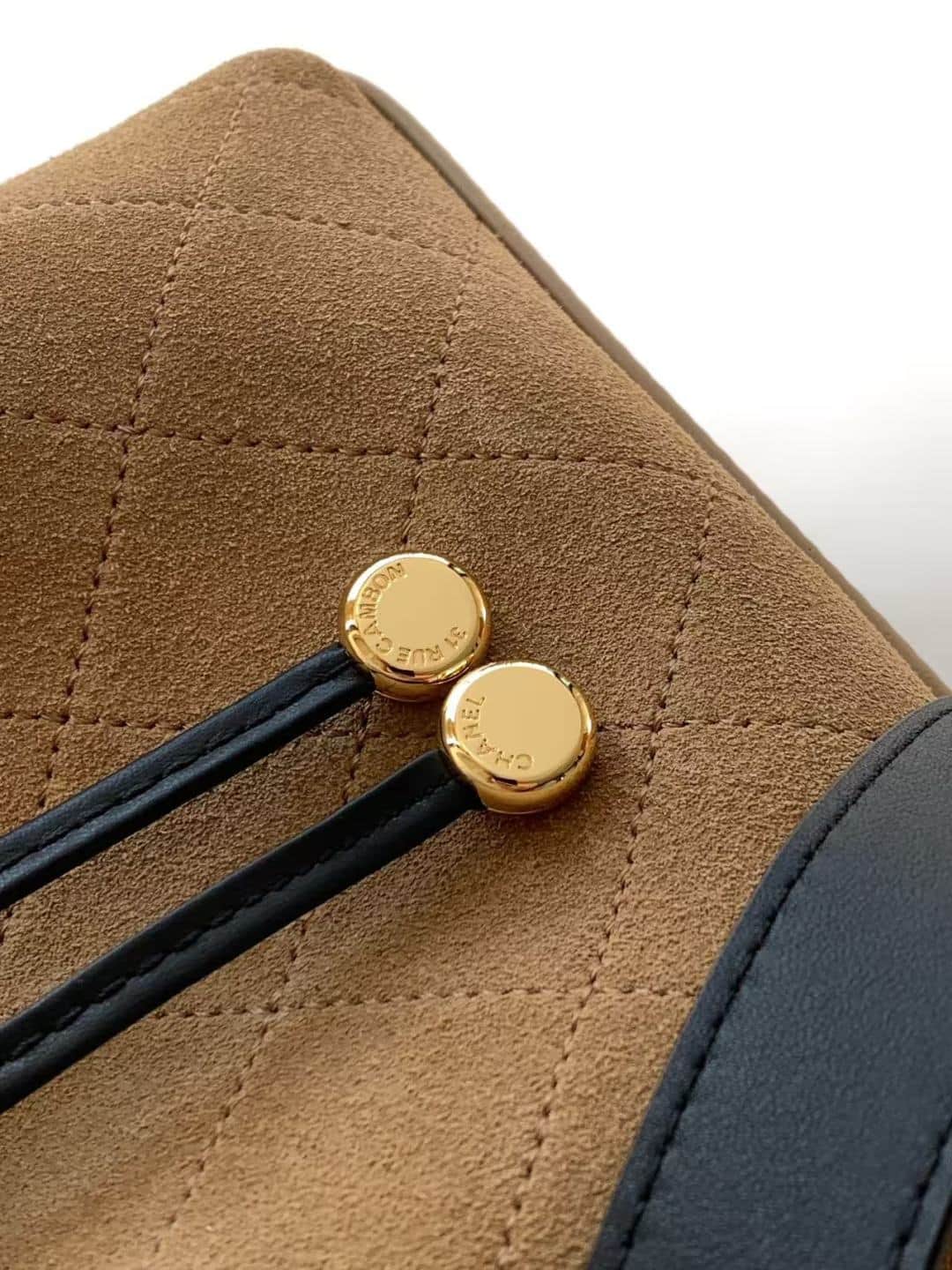 Chanel Small Bucket Bag Suede Calfskin & Gold-Tone Metal Dark Beige AS6537 A