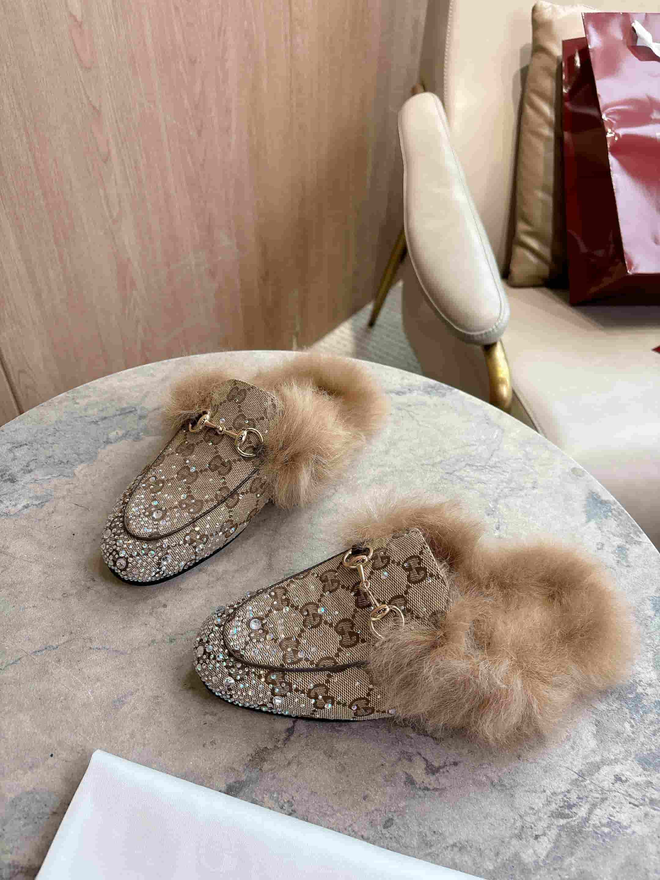 Gucci Women's Princetown slipper with crystal Horsebit in beige
