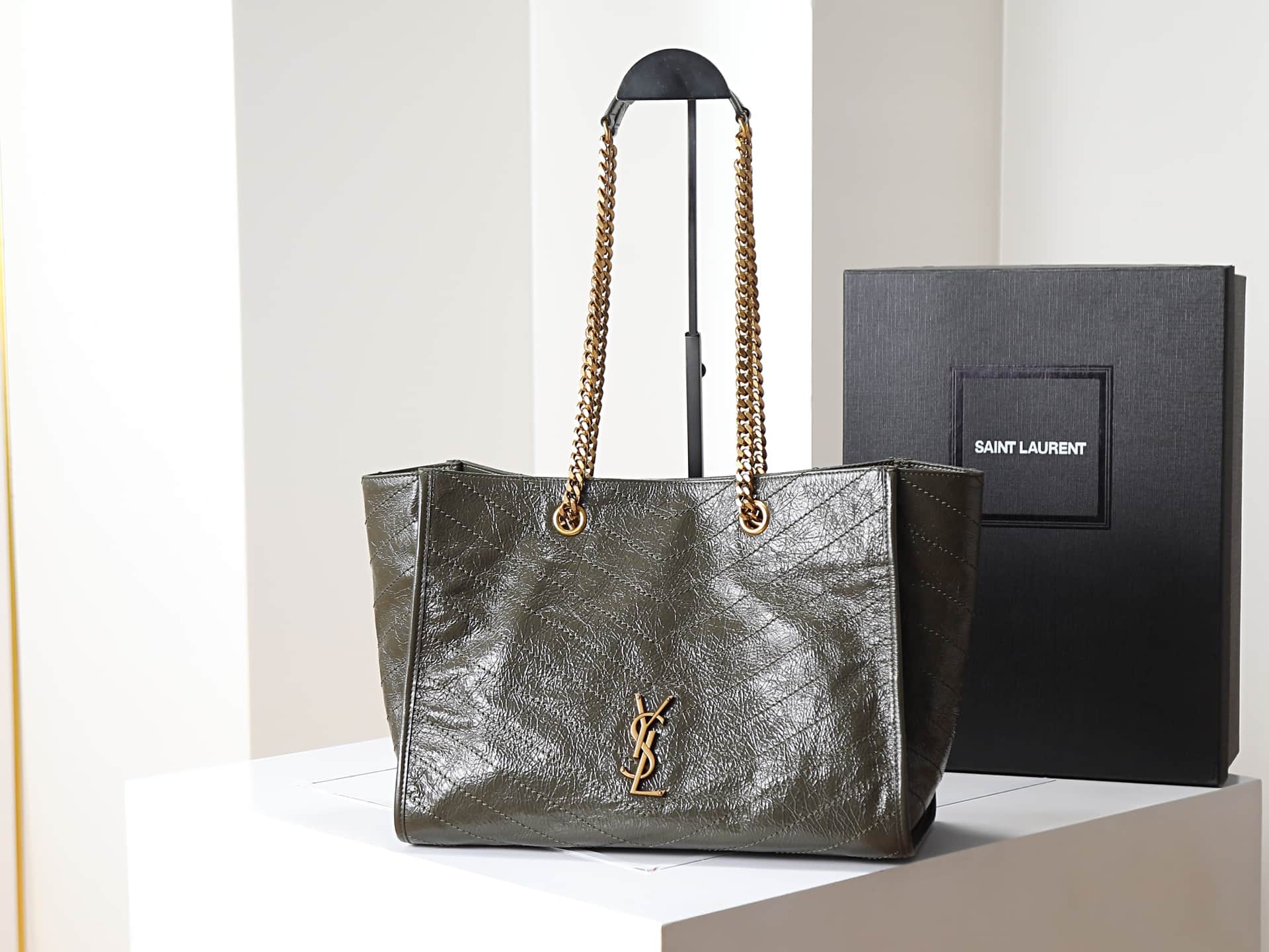 Saint Laurent Niki Shopping Tote Bag Calf Leather In Khaki Green 871151 High