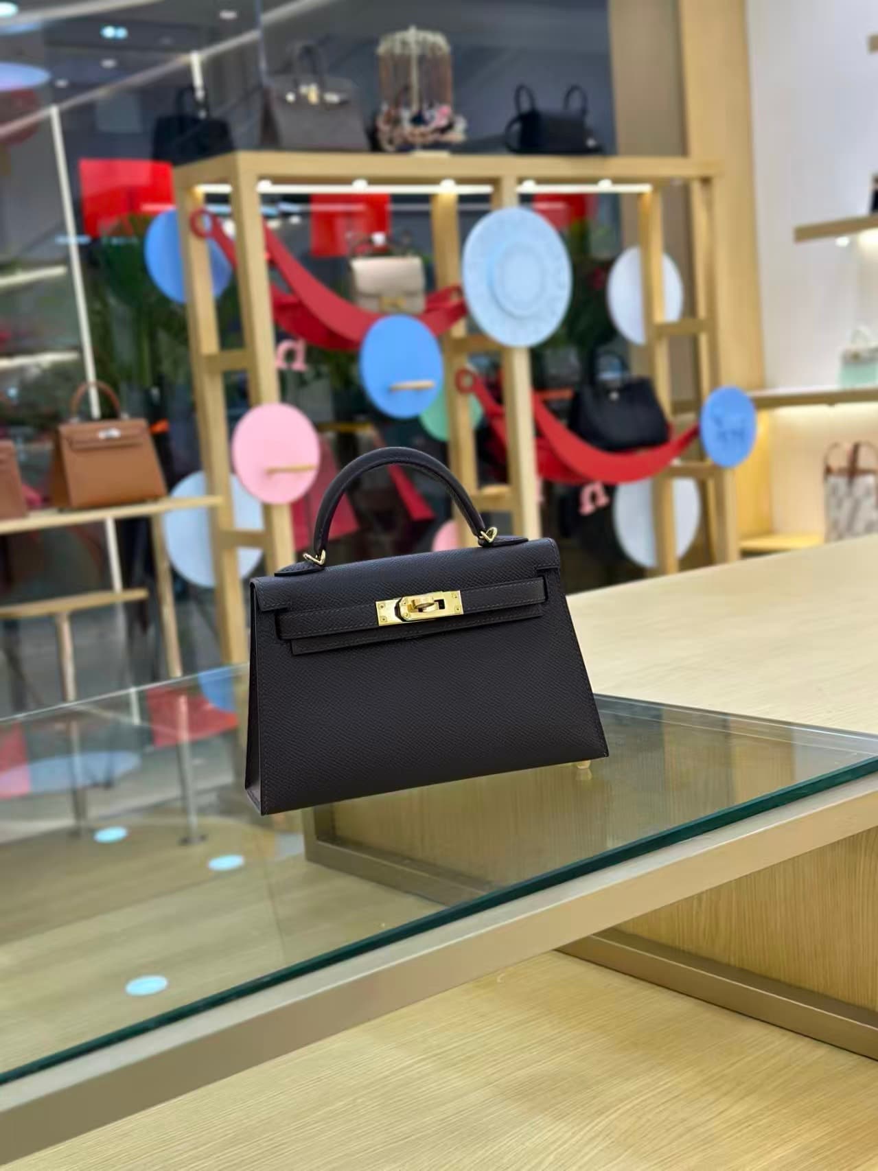 Hermes Kelly Mini II Bag Epsom Leather WAX Silver/Gold Metal Ebene High