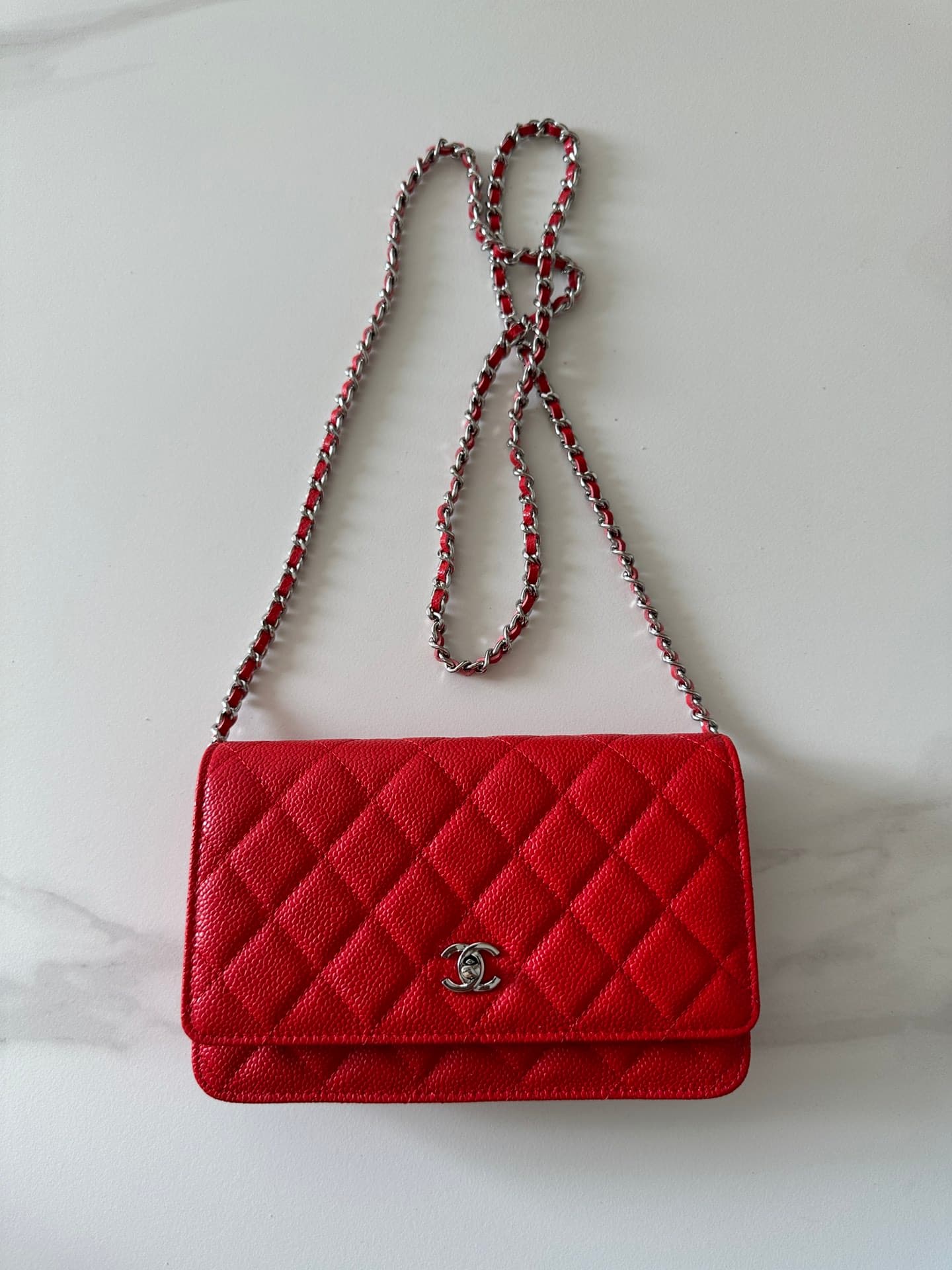 Chanel Classic Wallet on Chain Grained Shiny Calfskin & Silver-Tone Metal AP4241 Red High