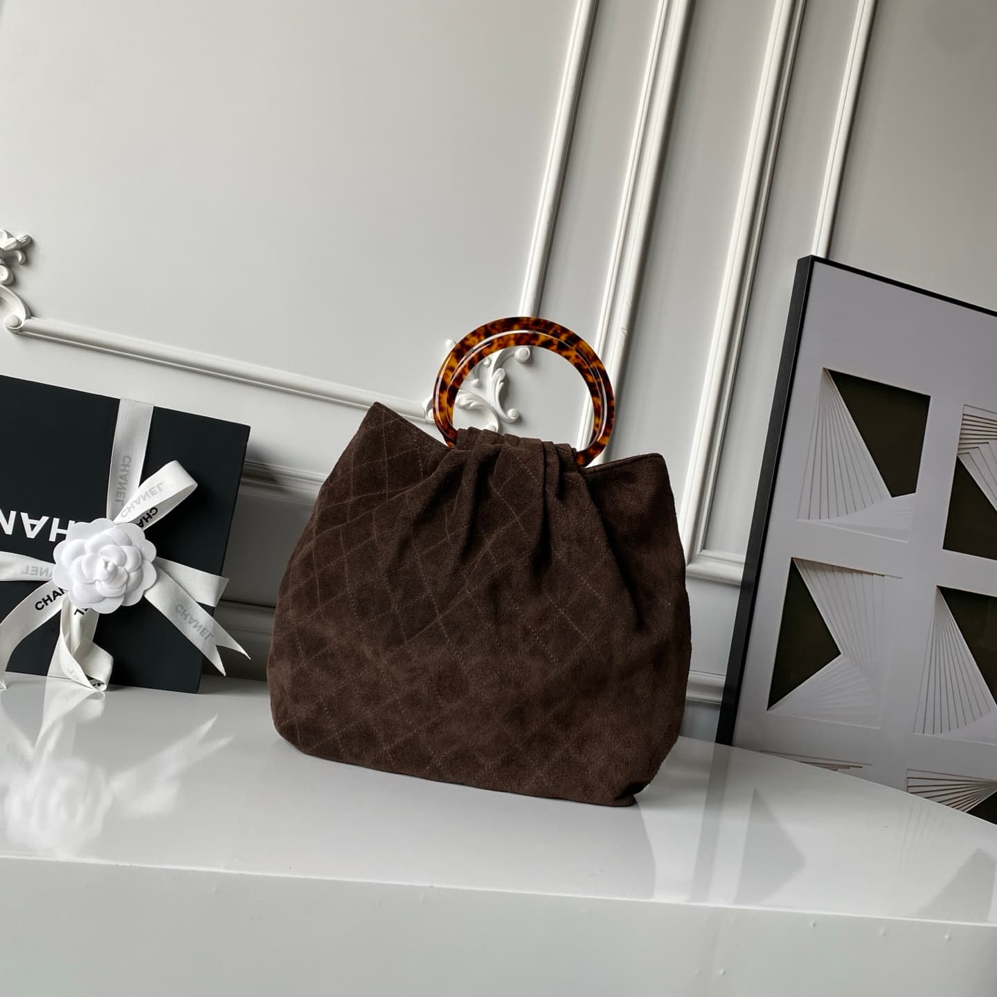 Chanel Medium Hobo Bag Suede Calfskin Turtoise-Shell Effect Plexi & Gold-Tone Metal Brown AS6010 High