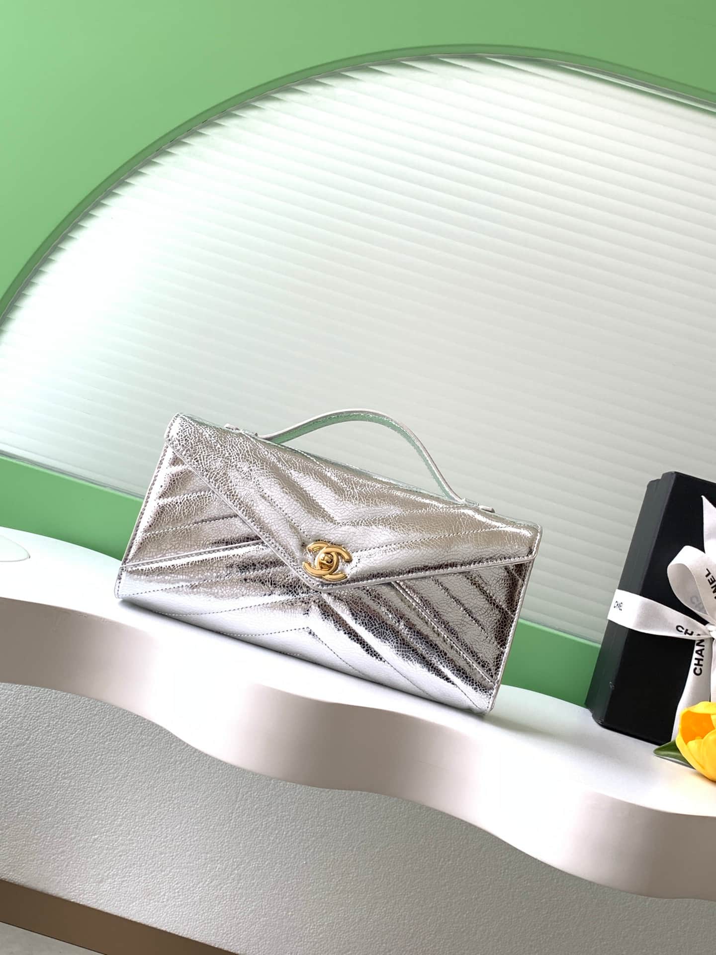 Chanel Flap Bag with Top Handle Metallic Chevron Calfskin Leather Finish& Gold-Tone Metal Silver AS6044 A