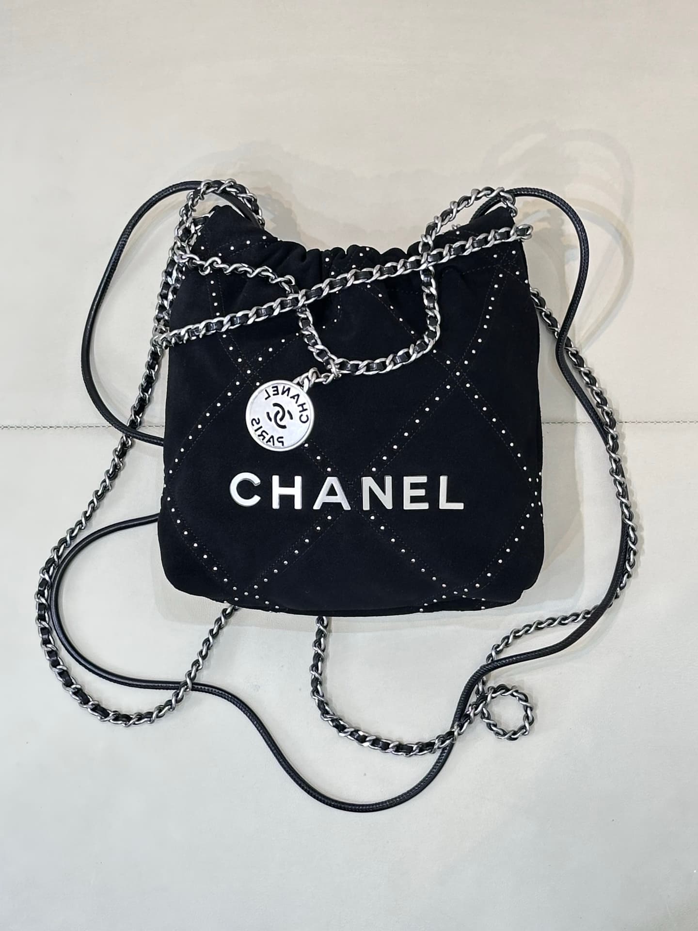 Chanel 22 MINI HANDBAG Suede Black &Silver-Tone Metal AS3980 TOP
