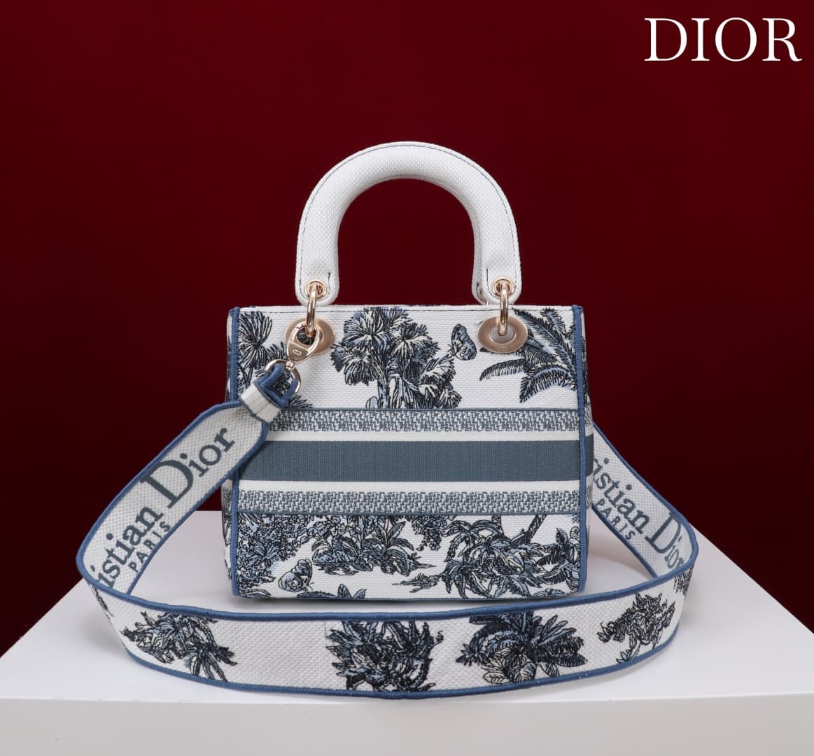 Medium Lady D-Lite Bag White and Blue Toile de Jouy Palms Embroidery High