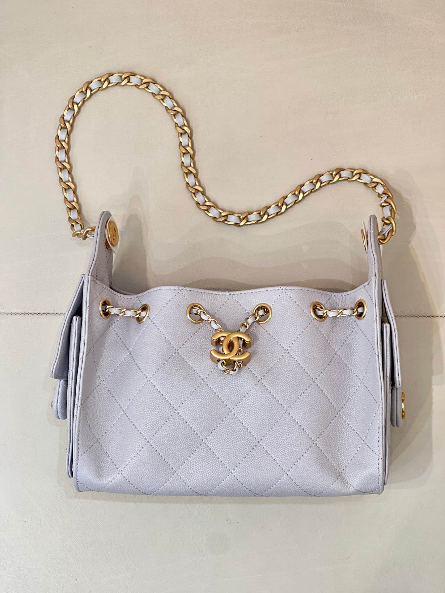 CHANEL 25 Mini Handbag AS5631 Grained Calfskin & Gold-tone Metal Light Grey TOP
