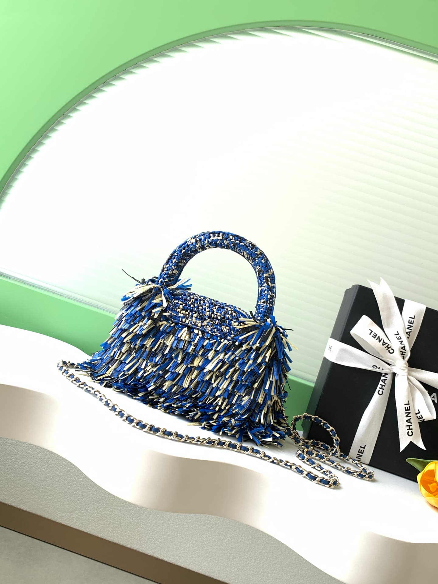 Chanel Mini Shopping Bag Raffia-Effect Fabric, Wood & Gold-Tone Metal AS4416 A