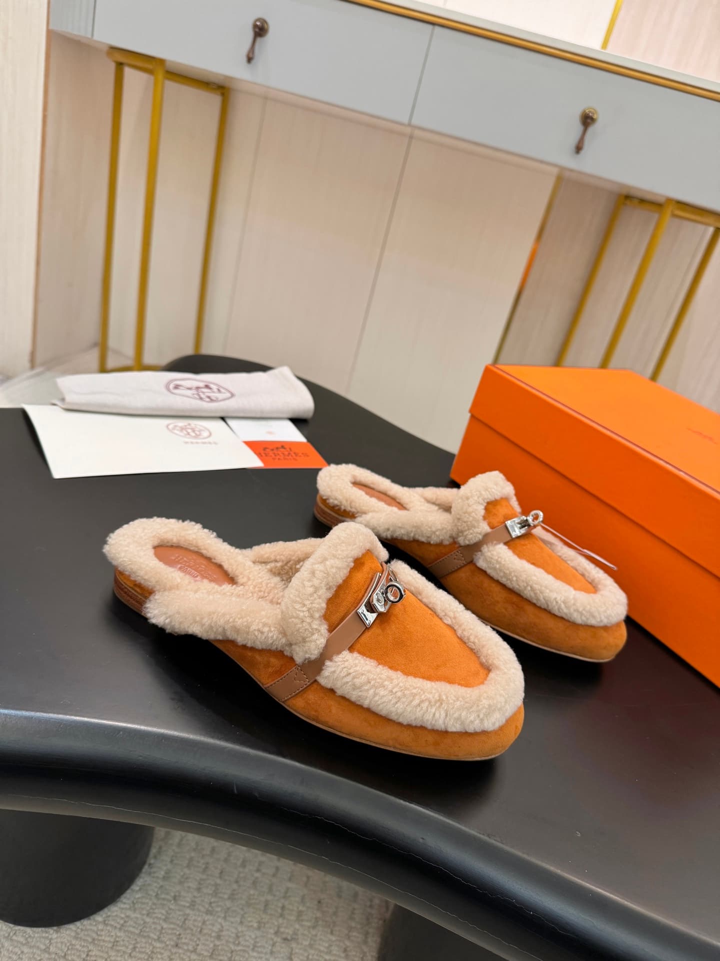 Hermes Oz mules in suede goatskin with Kelly buckle shoes women