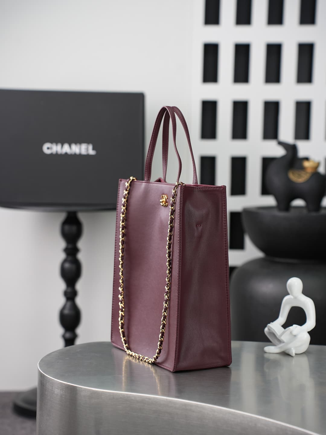 Chanel Small Shopping Bag Calfskin & Gold-Tone Metal Burgundy AS6452 A