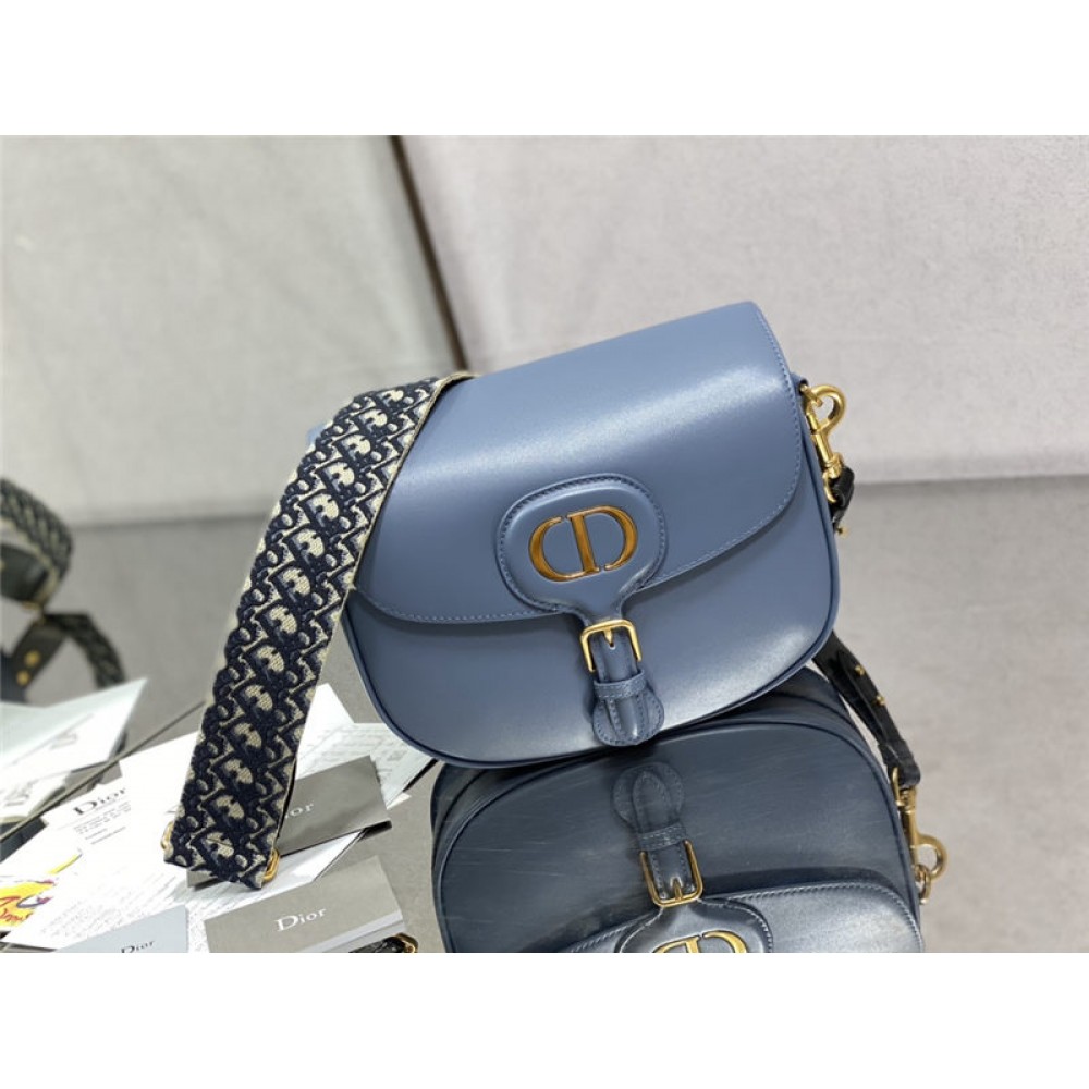 LARGE Dior BOBBY BAG Box Calfskin with Blue Dior Oblique Embroidered Strap Denim Blue High