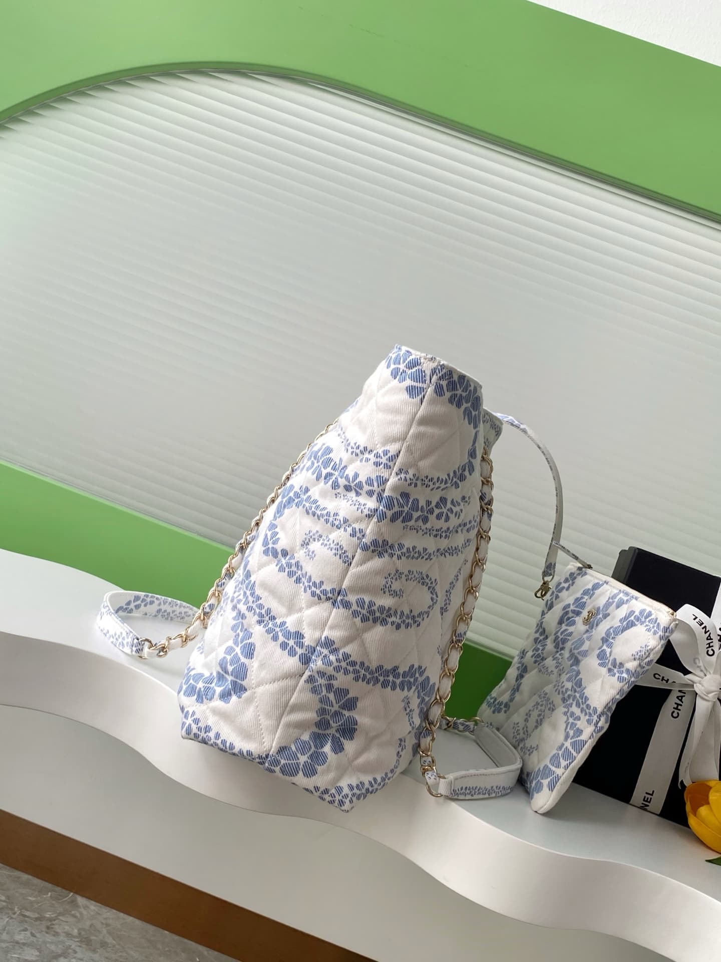 Chanel Beach Hobo Handbag Printed Cotton & Gold-Tone Metal AS5429 White and Blue A