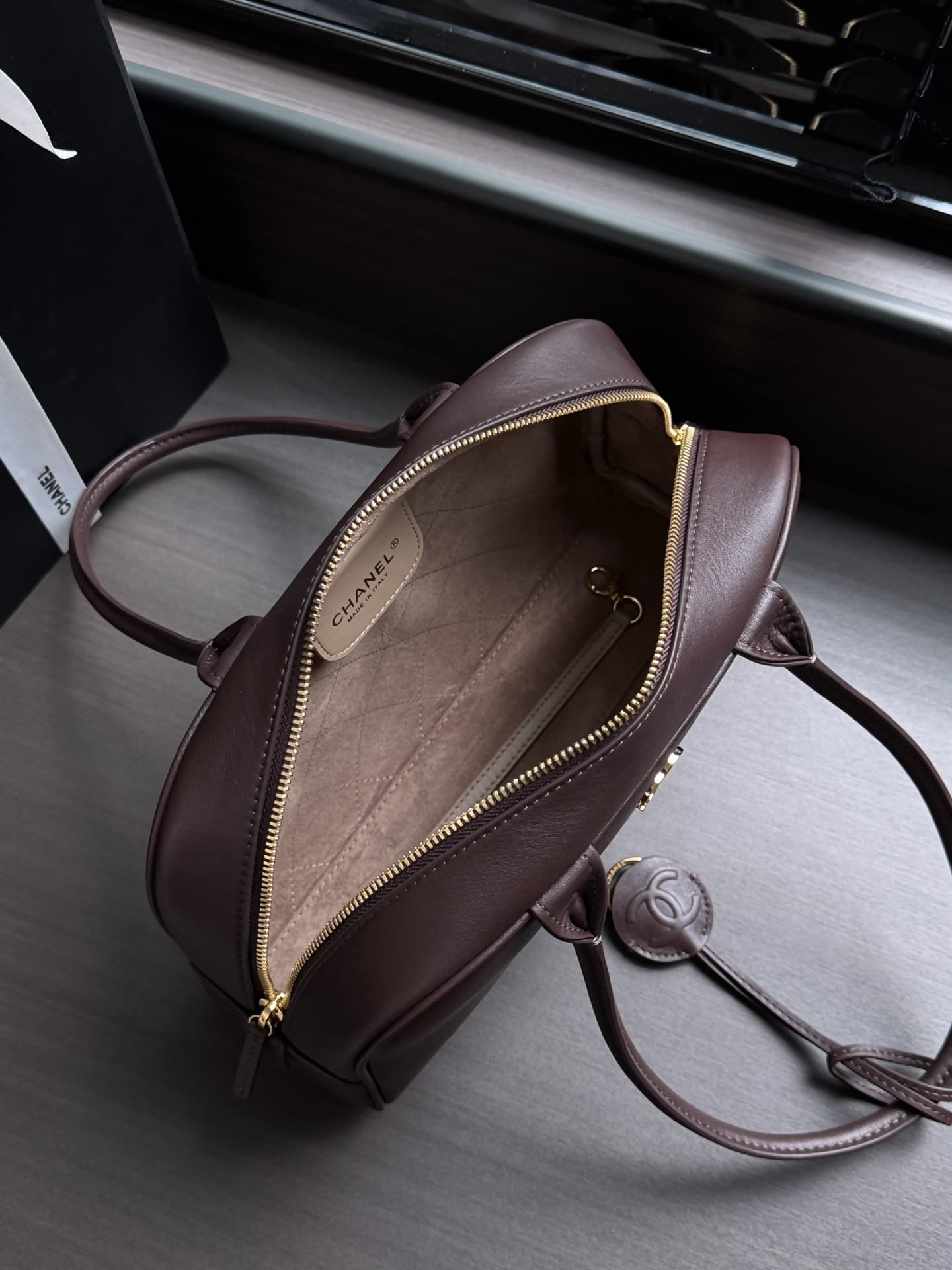 Chanel Large Bowling Bag Calfskin & Gold-Tone Metal Dark Brown AS6580 High