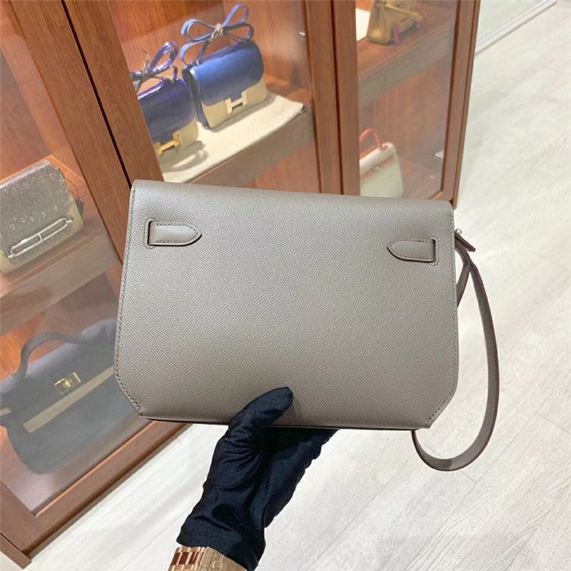 Hermes Kelly Depeches 25 Pouch Epsom Leather Etain WAX High
