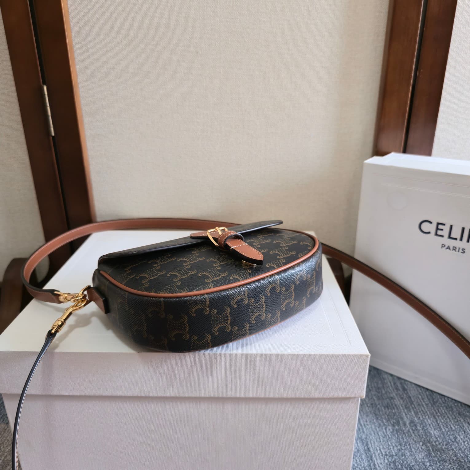 Celine Folco Shoulder Bag in Triomphe Canvas and Calfskin High