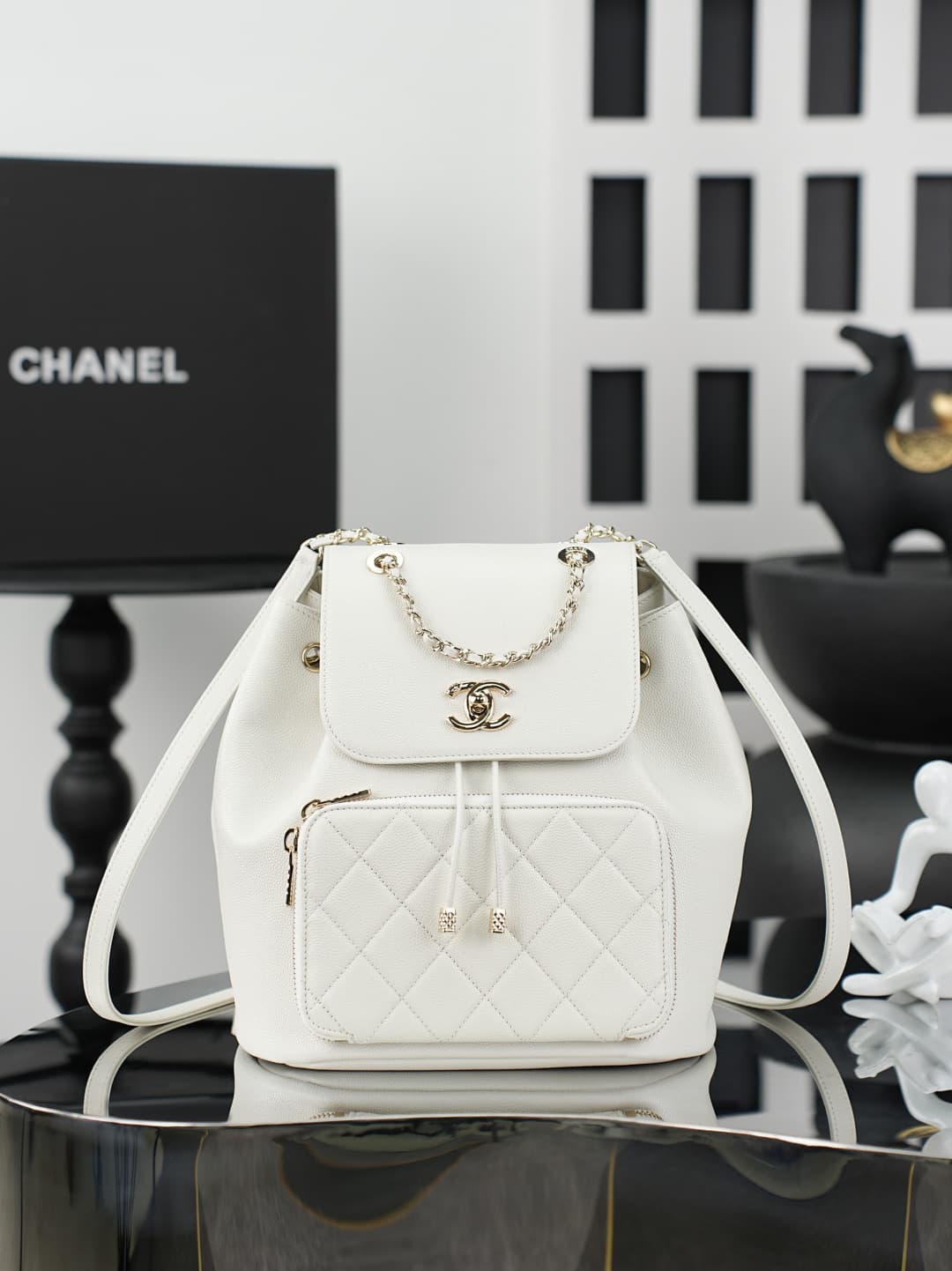Chanel Small Business Affinity Duma Backpack Grained Calfskin&Gold-Tone Metal White AS3531 A