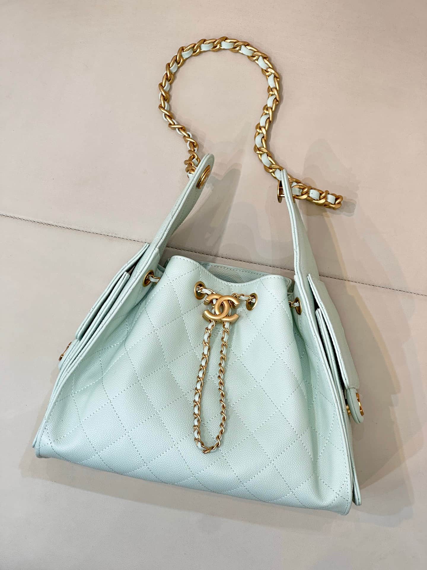 Chanel 25 Small Hobo handbag AS5293 Grained Calfskin & Gold-tone Metal Light Blue TOP