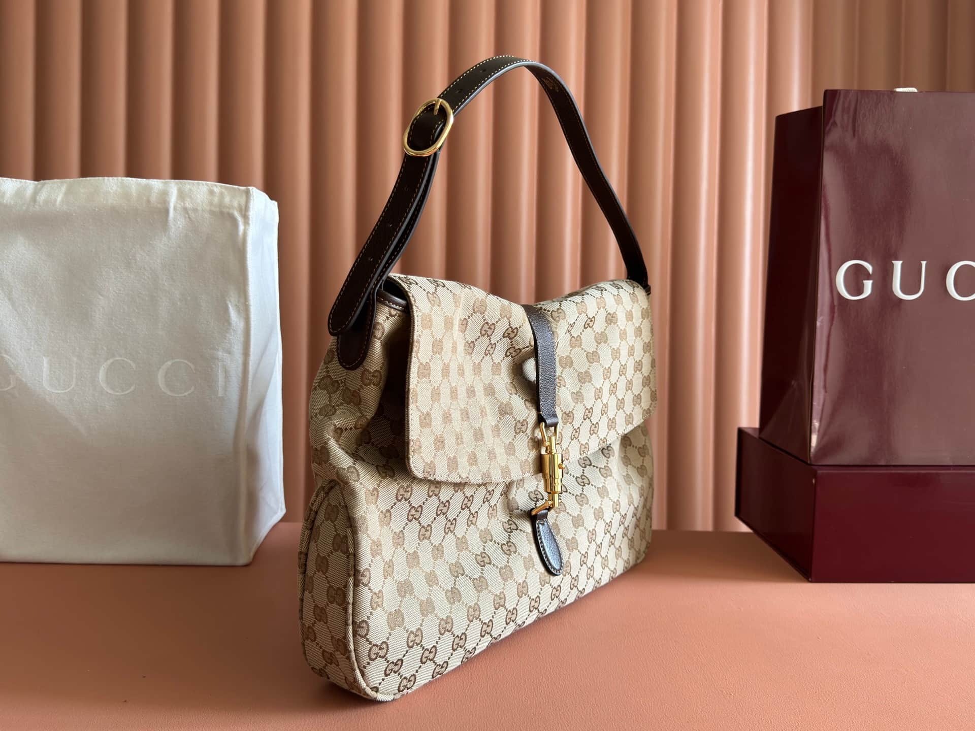 Gucci Jackie Flap large crossbody bag sand and brown GG canvas A005ZI High