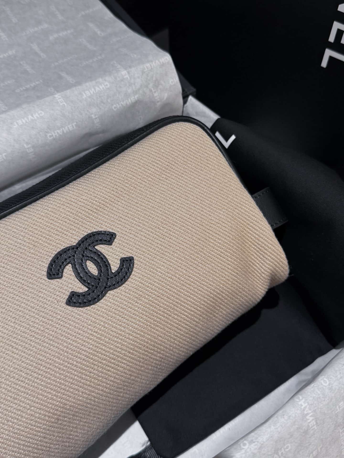 Chanel Small Zipped Pouch Canvas Calfskin Beige & Black AP5266 A