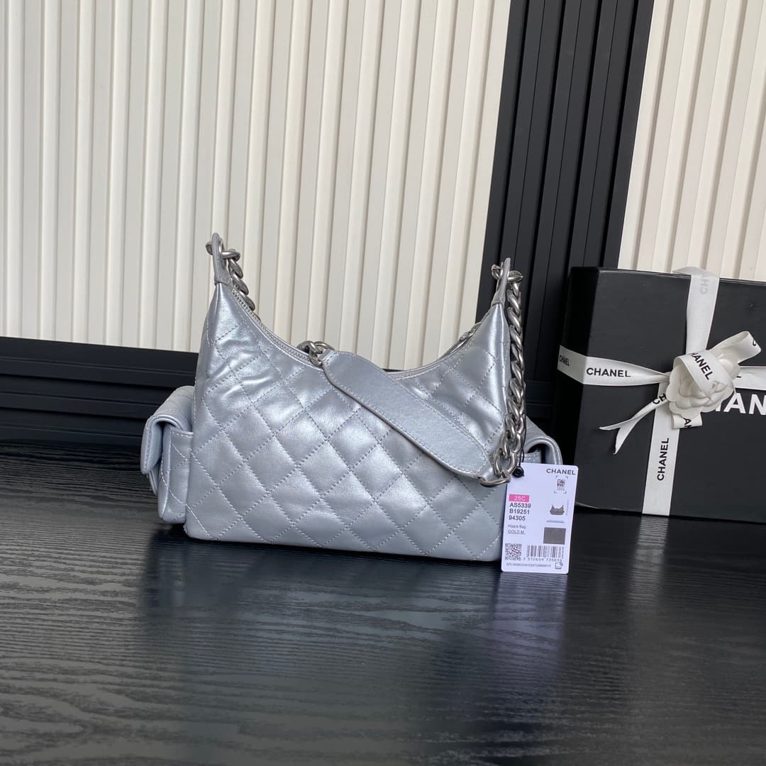 Chanel Trendy Pockets Hobo Bag Lambskin & Silver Metal Silver AS5339 A