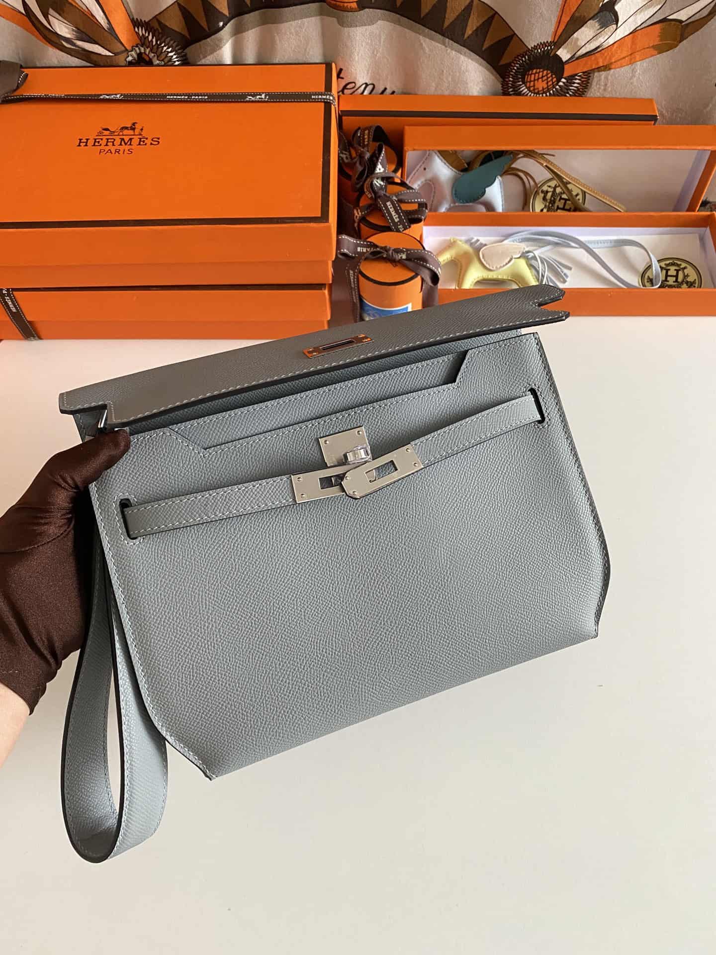 Hermes Kelly Depeches 25 Pouch Epsom Leather Blue Lin WAX High