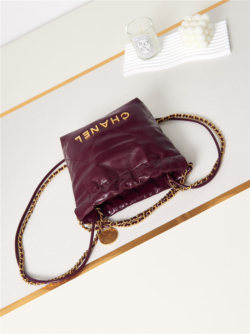 Chanel 22 MINI HANDBAG Shiny Calfskin Burgundy & Gold-Tone Metal AS3980 A