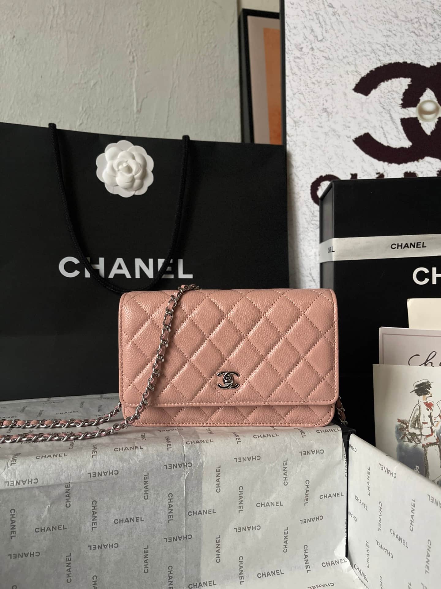 Chanel Classic Wallet on Chain Grained Shiny Calfskin & Silver-Tone Metal AP4241 Light Pink A