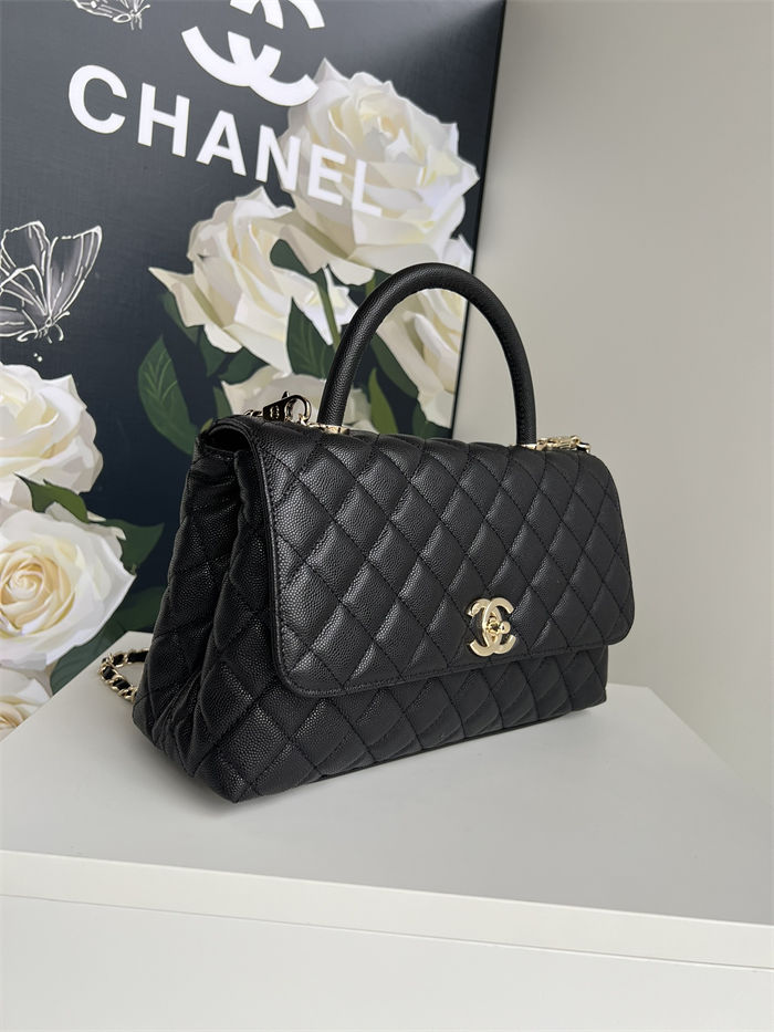 Medium FLAP BAG WITH TOP HANDLE Grained Calfskin Black-binding Gold Metal High