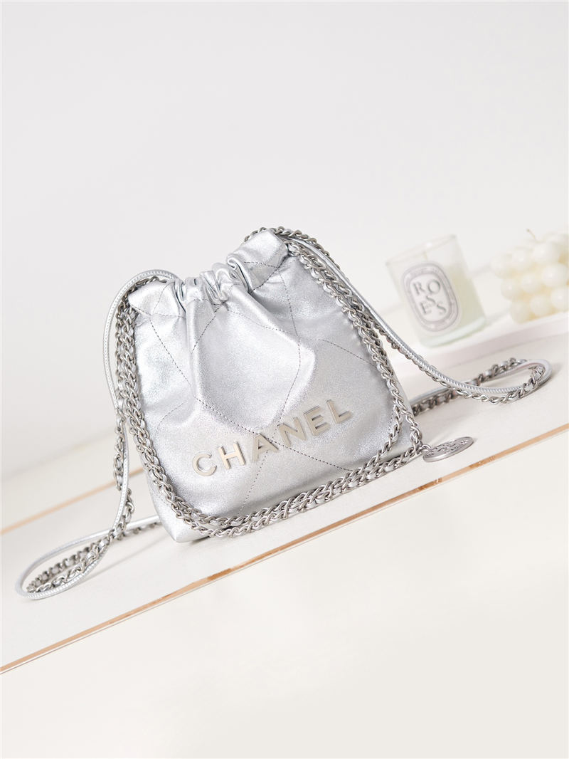 Chanel 22 MINI HANDBAG Shiny Calfskin Silver & Silver-Tone Metal AS3980 A