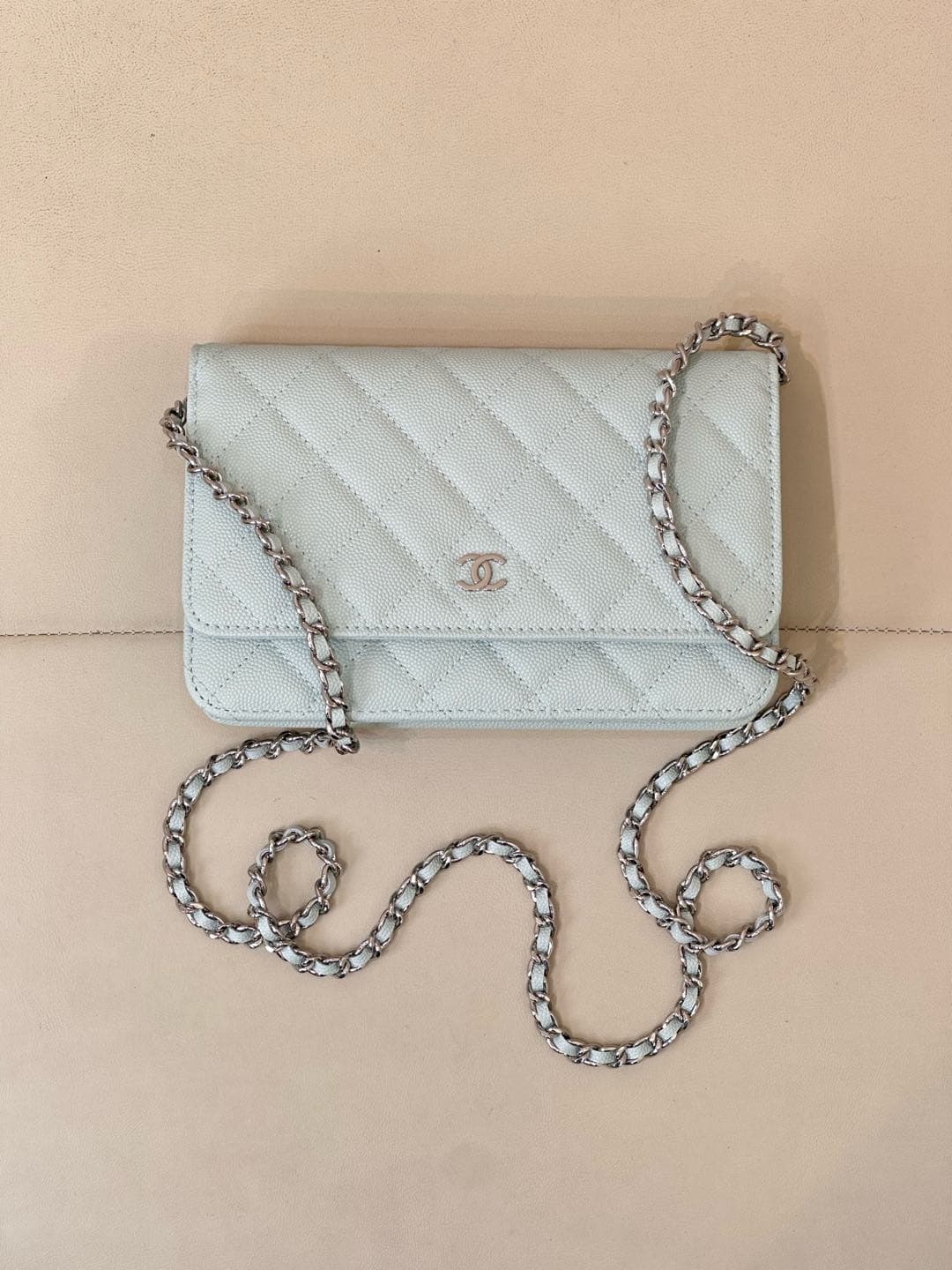 Chanel Wallet on Chain Grained Calfskin& Sliver-tone Metal AP0250 Light Blue TOP