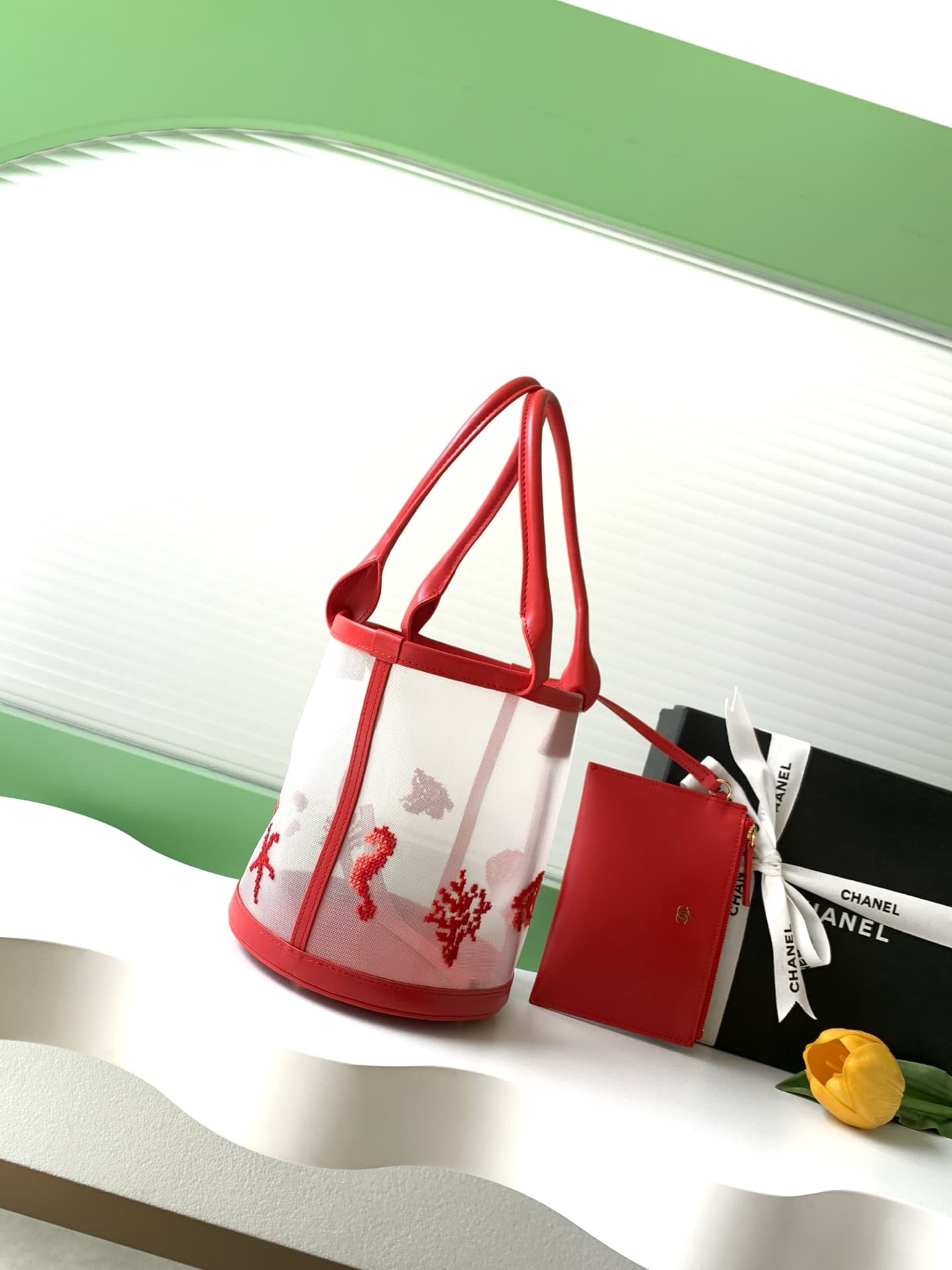 Chanel Coco Beach Large Bucket Bag Embroidered Mesh & Calfskin Transparent & Red AS6189 A