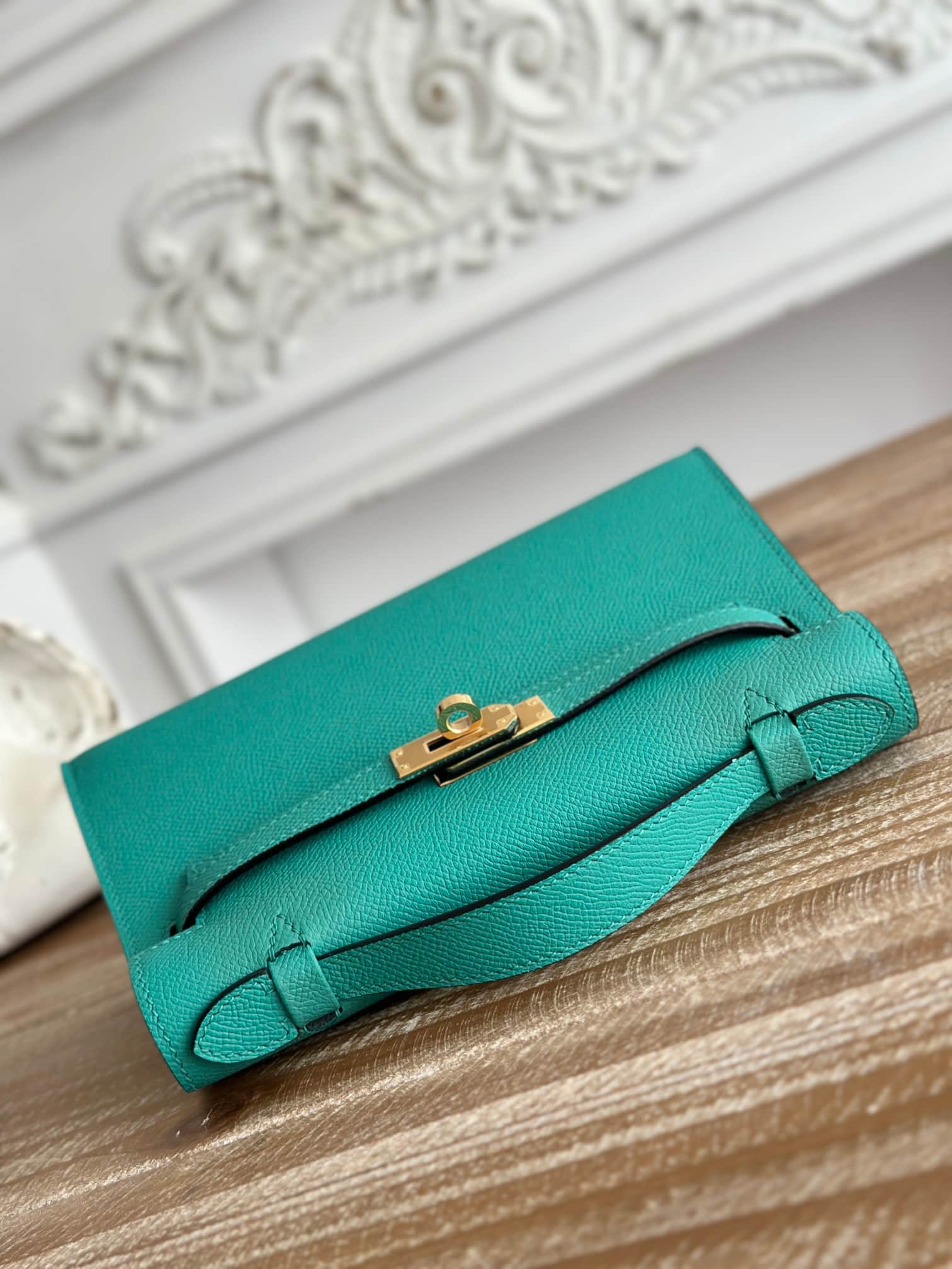 Hermes Kelly Pochette Bag Epsom Leather Silver/Gold Metal Malachite WAX High