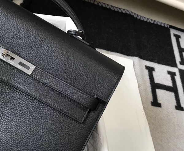 Hermes Kelly Depeche 34 Briefcase In Black Calfskin WAX High