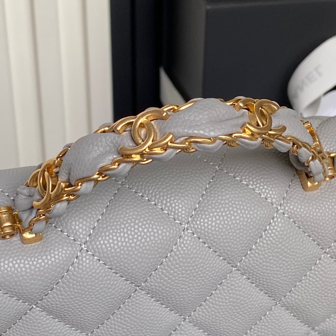 Chanel Mini Flap Bag with Top Handle Grained Shiny Calfskin & Gold-Tone Metal Grey AS5701 A