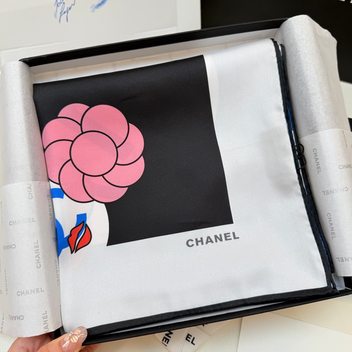 Chanel Silk CC Logo Camellia Scarf