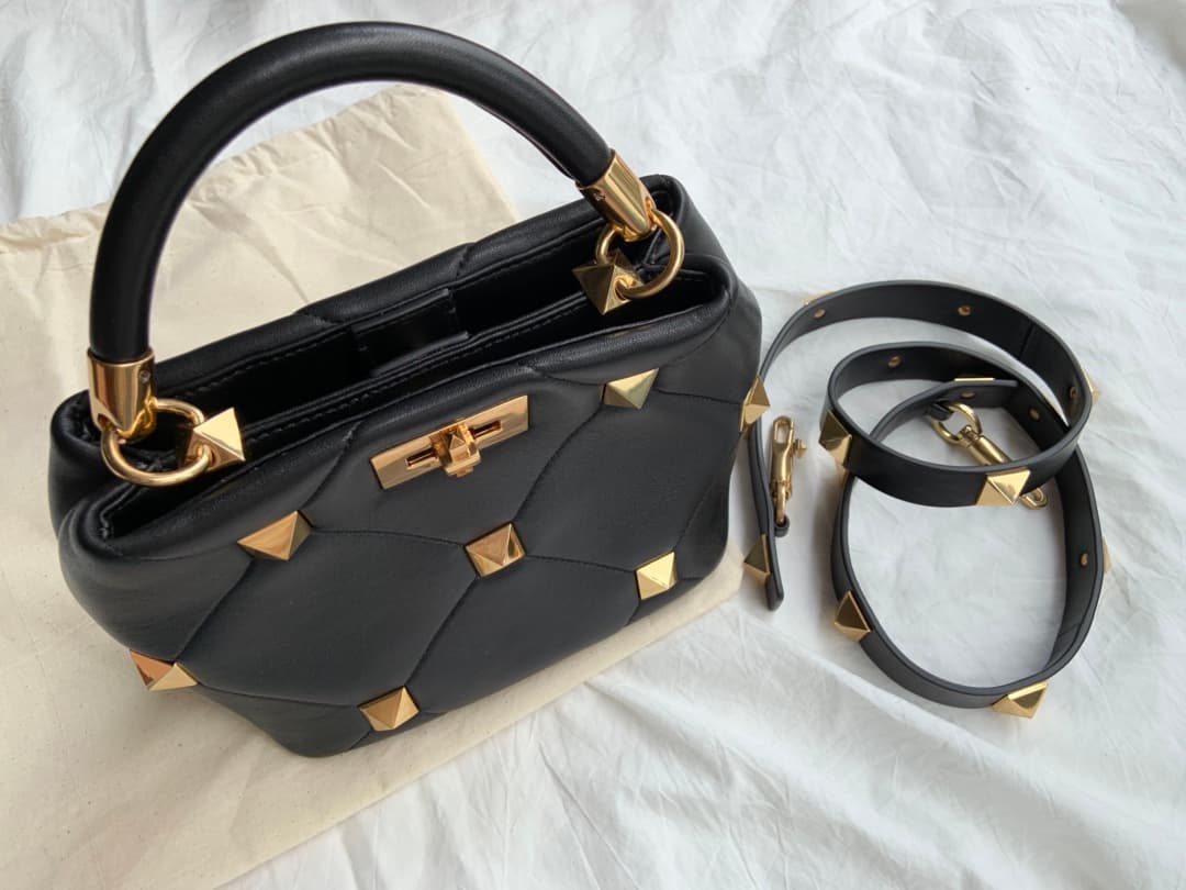 Valentino Garavani Roman Stud leather top handle bag black high