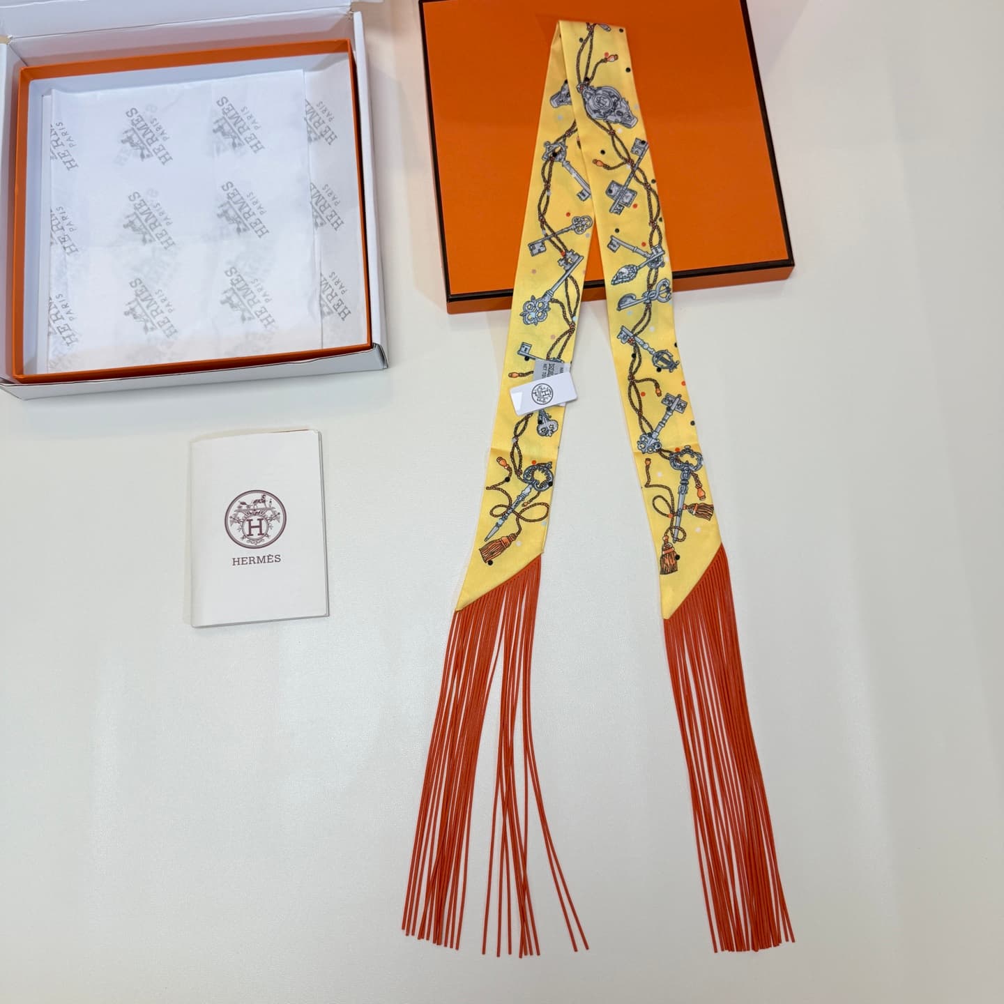 Hermes Les Cles a Pois Fringed Silk Twilly