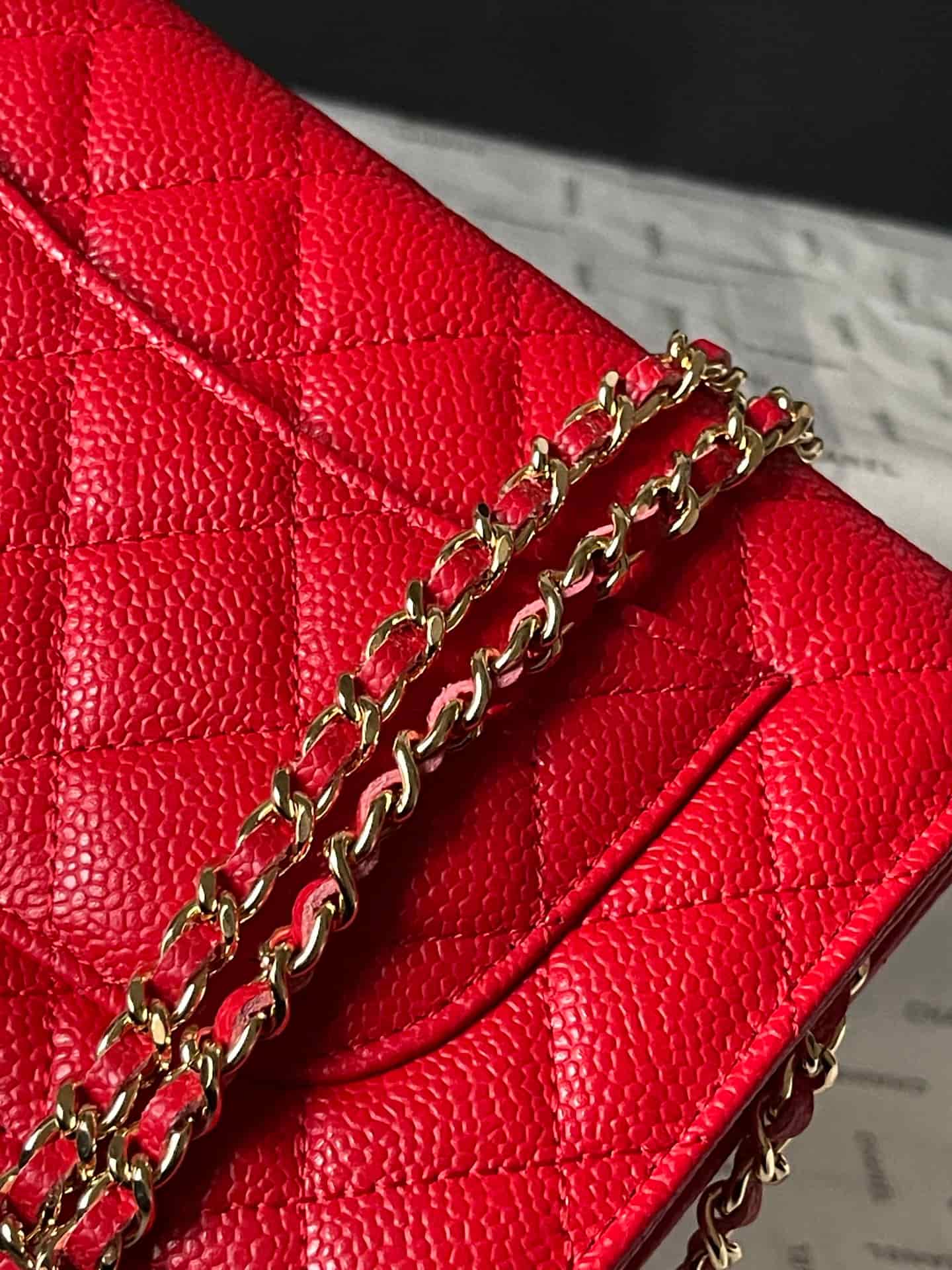 Chanel Classic Wallet on Chain Grained Shiny Calfskin & Gold-Tone Metal AP4241 Red A