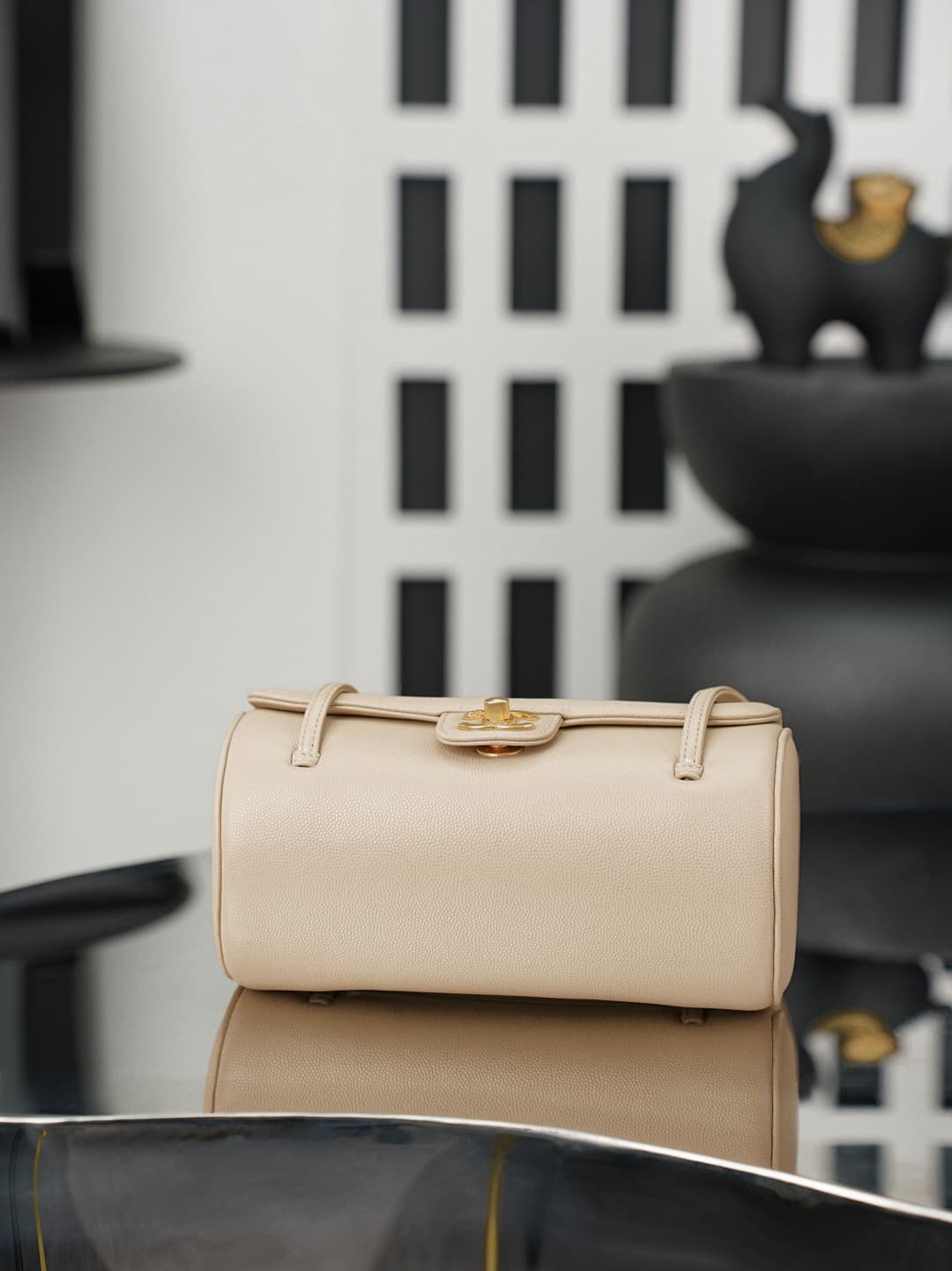 Chanel Small Bowling Bag Grained Shiny Calfskin & Gold-Tone Metal AS6143 Beige High